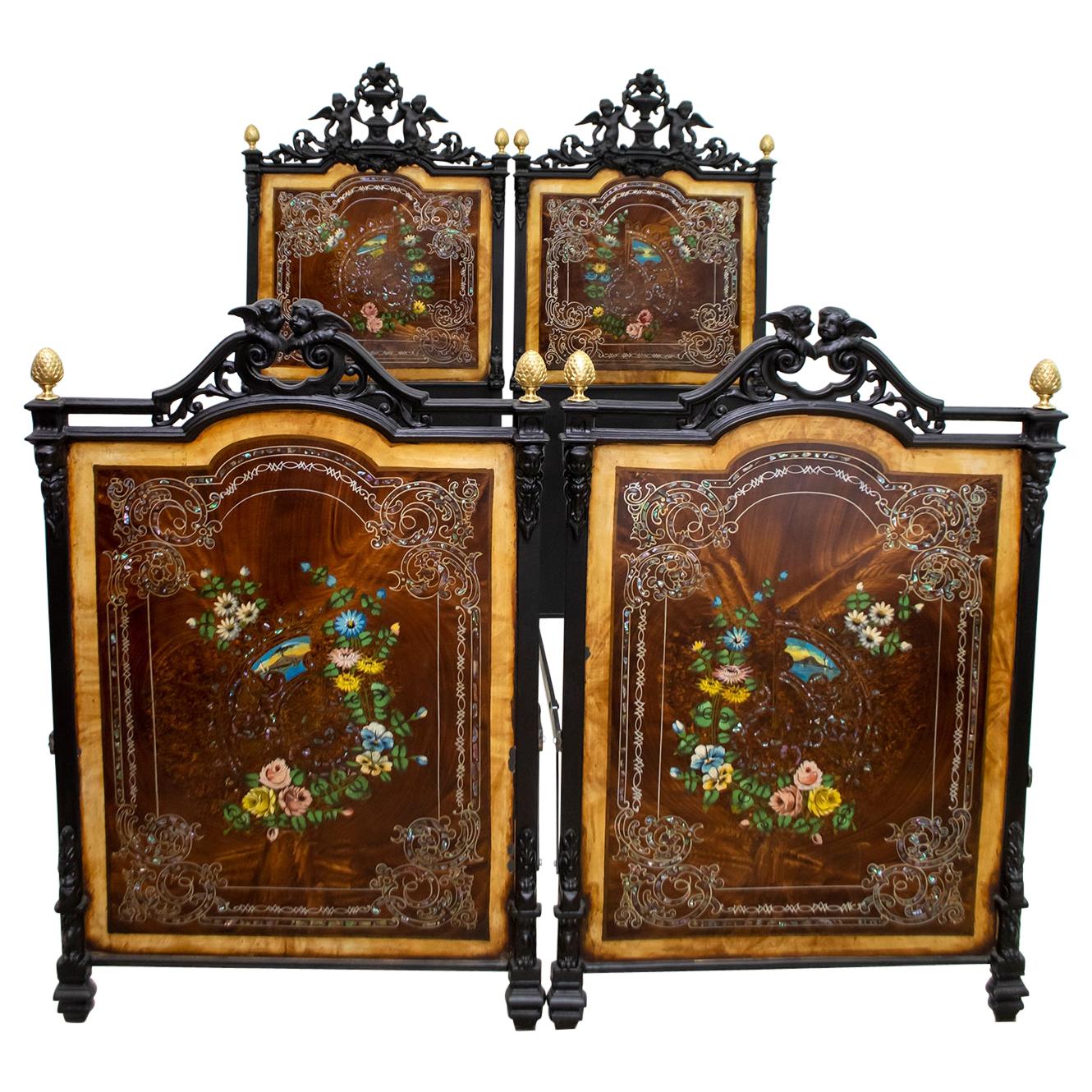 Pair of Single or Doble Beds 19th Century Italian Art Nouveau Hand Painted Iron