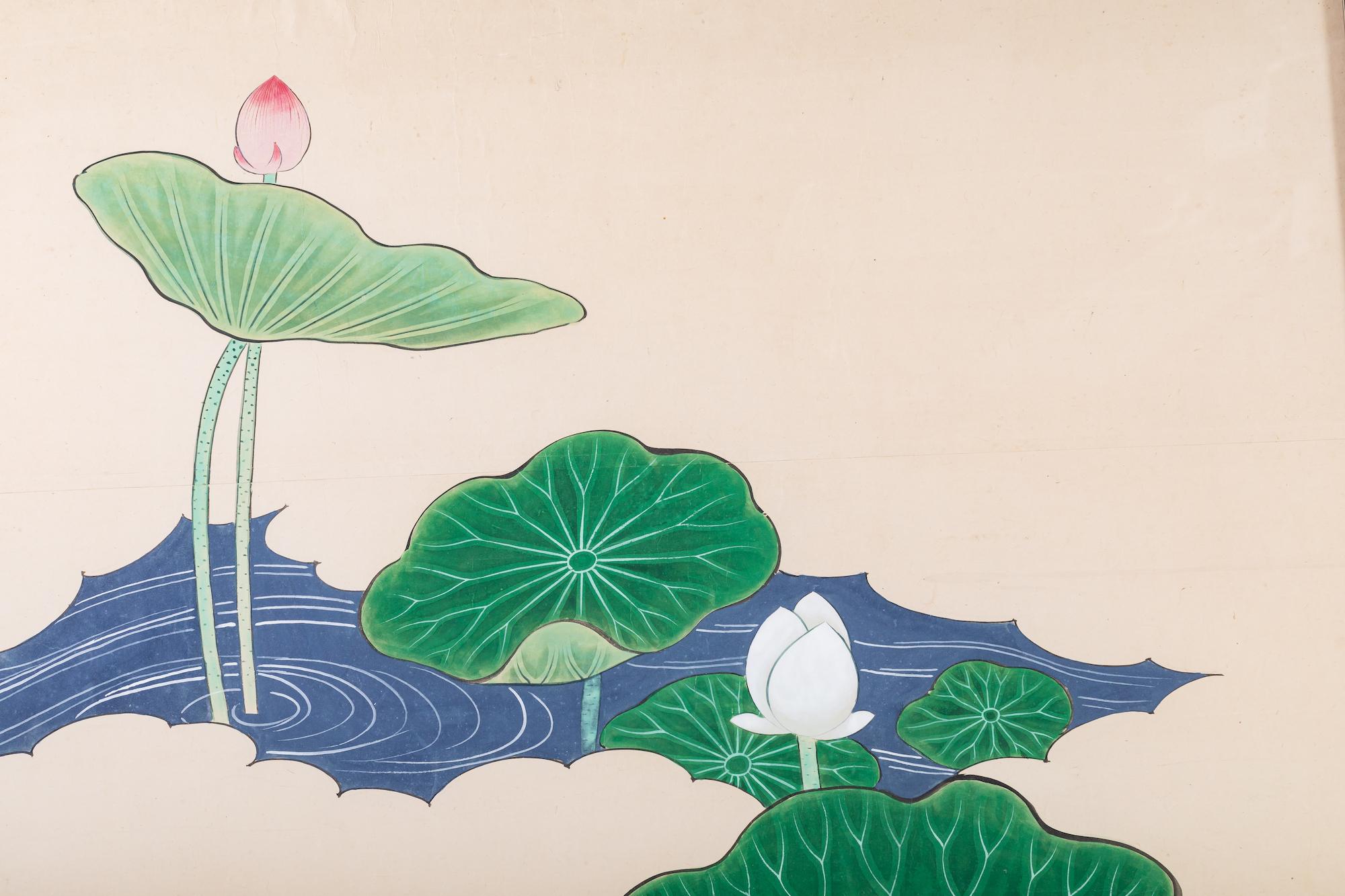 Pair of Painted Panels, Lotus in Bloom 2