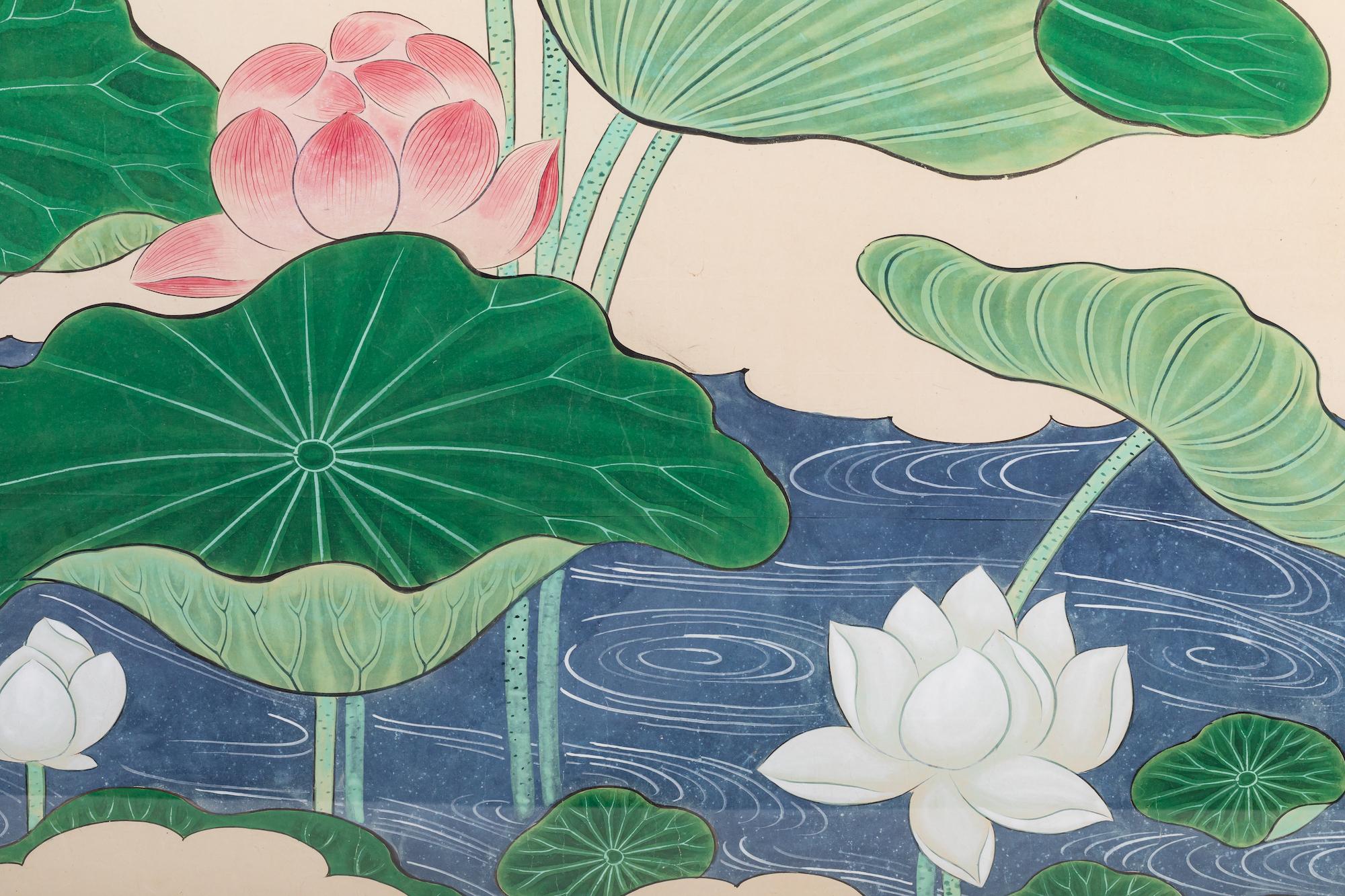Pair of Painted Panels, Lotus in Bloom 3