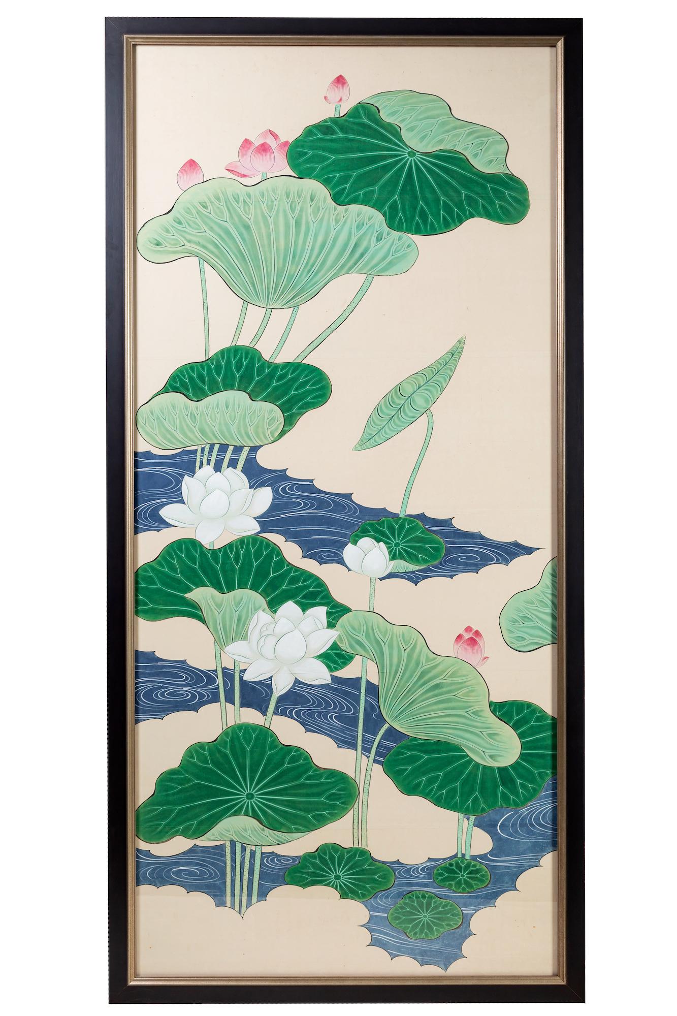 Pair of framed Japanese paintings. Originally architectual panels removed from an interior structure and framed. Acid free mounting with UV plexiglass.