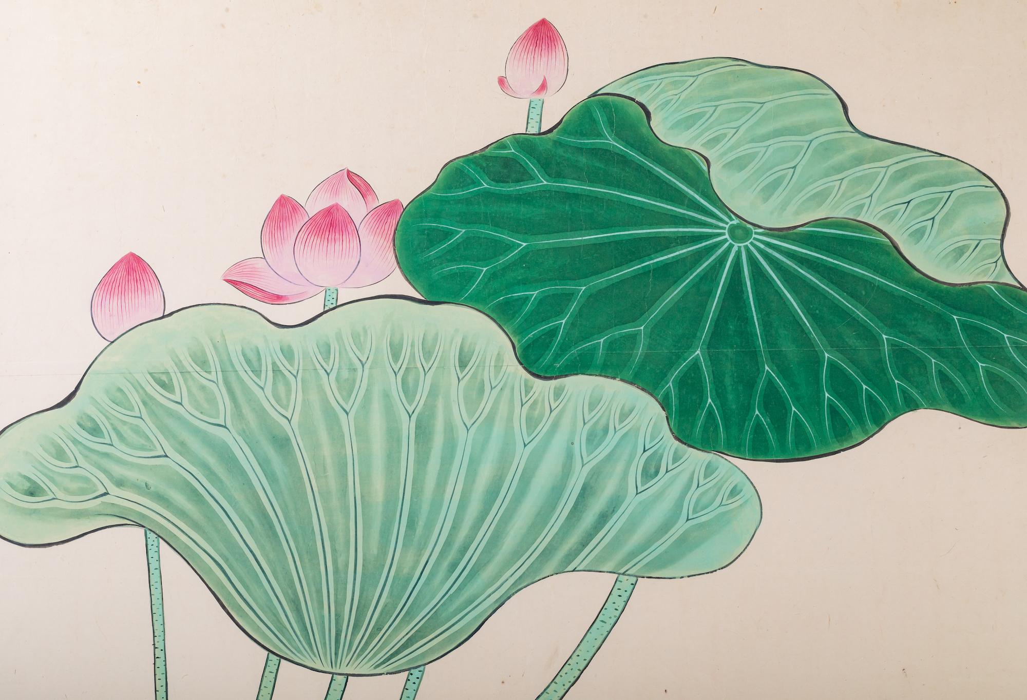 Japanese Pair of Painted Panels, Lotus in Bloom