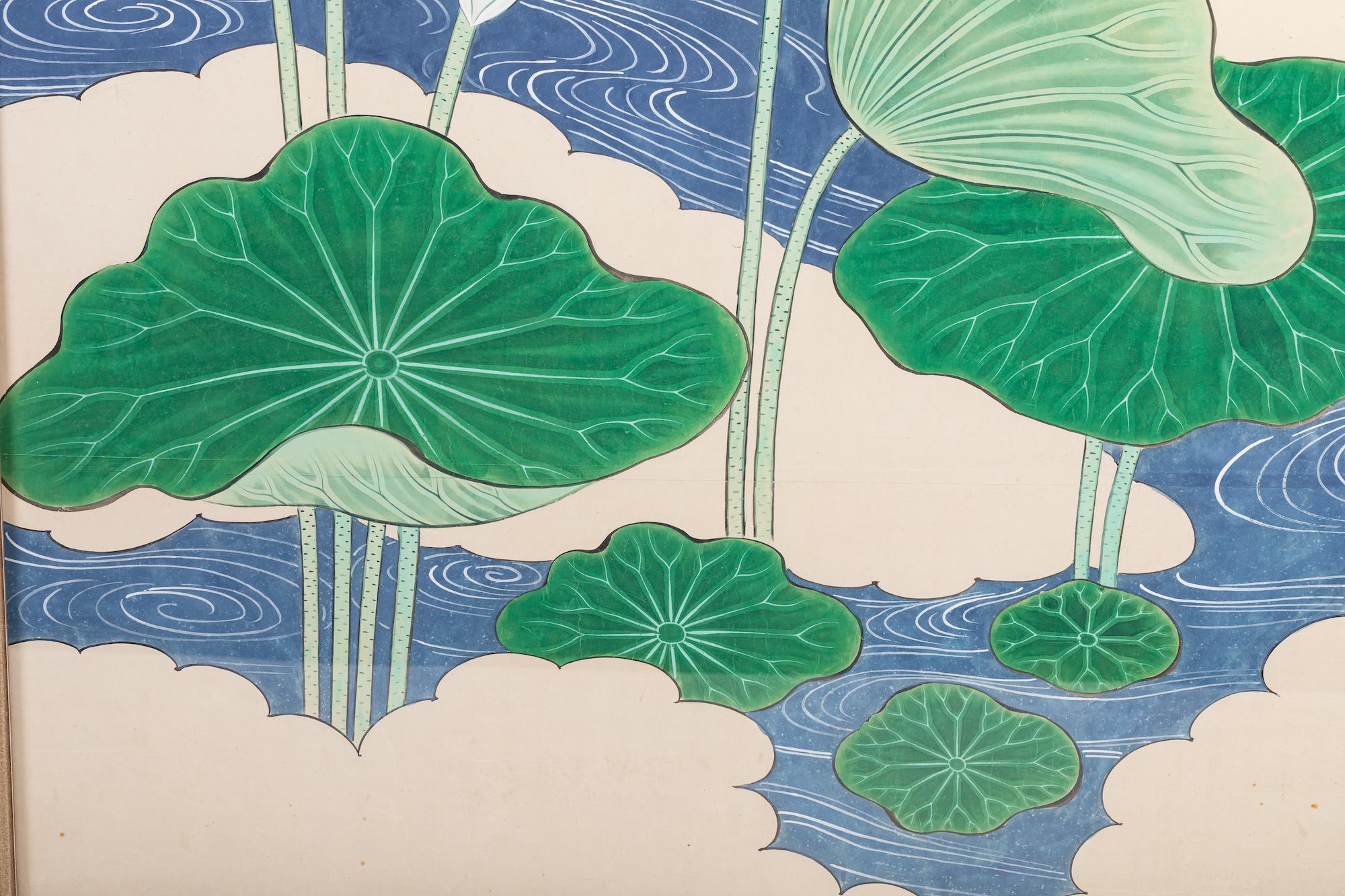 20th Century Pair of Painted Panels, Lotus in Bloom