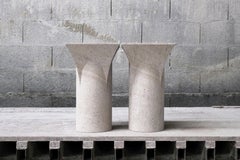 Cylindrical Base, FLat Top Natural White Stone Side Tables, Frederic Saulou