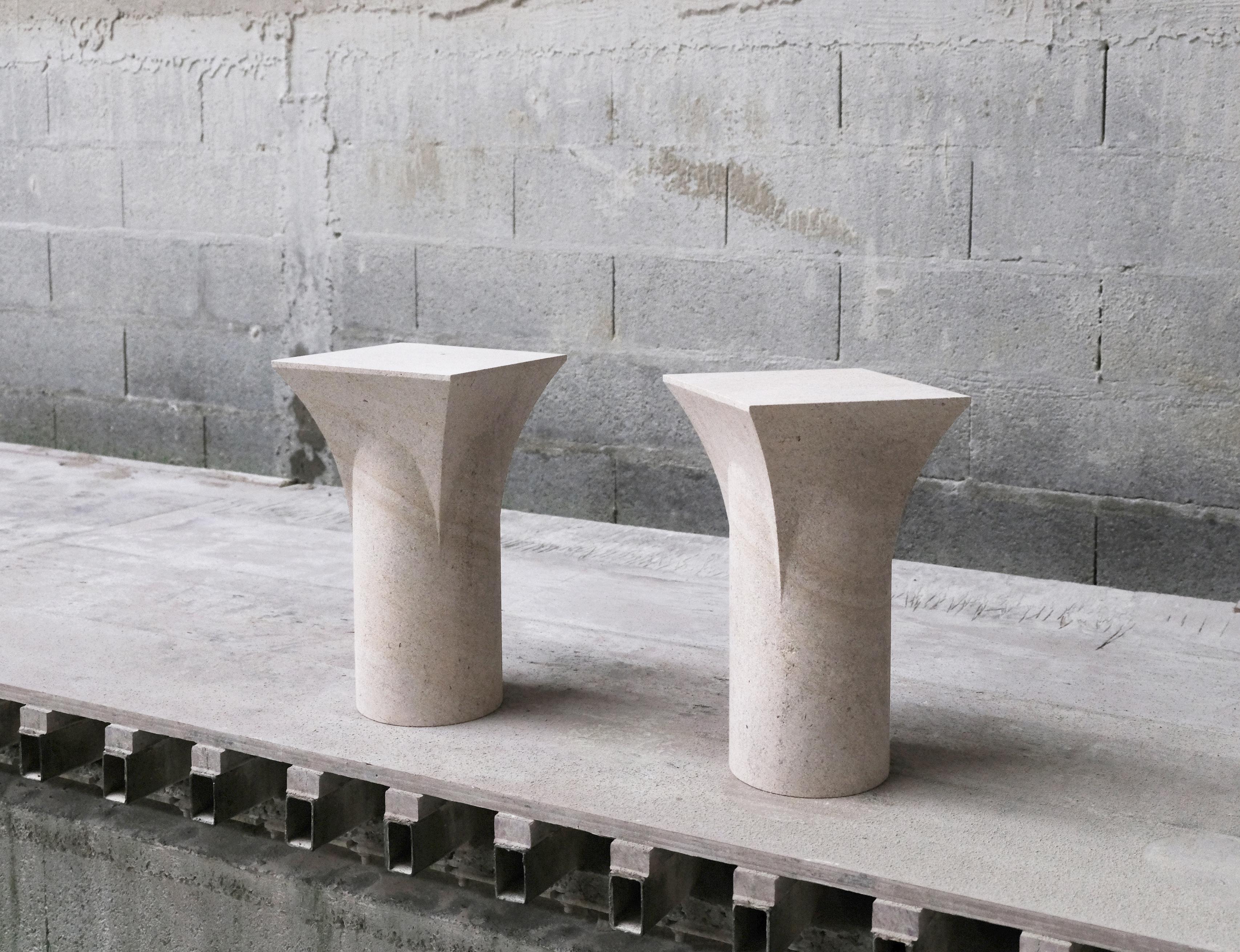 Contemporary Pair of Courtois Stone Side Tables, Frederic Saulou For Sale