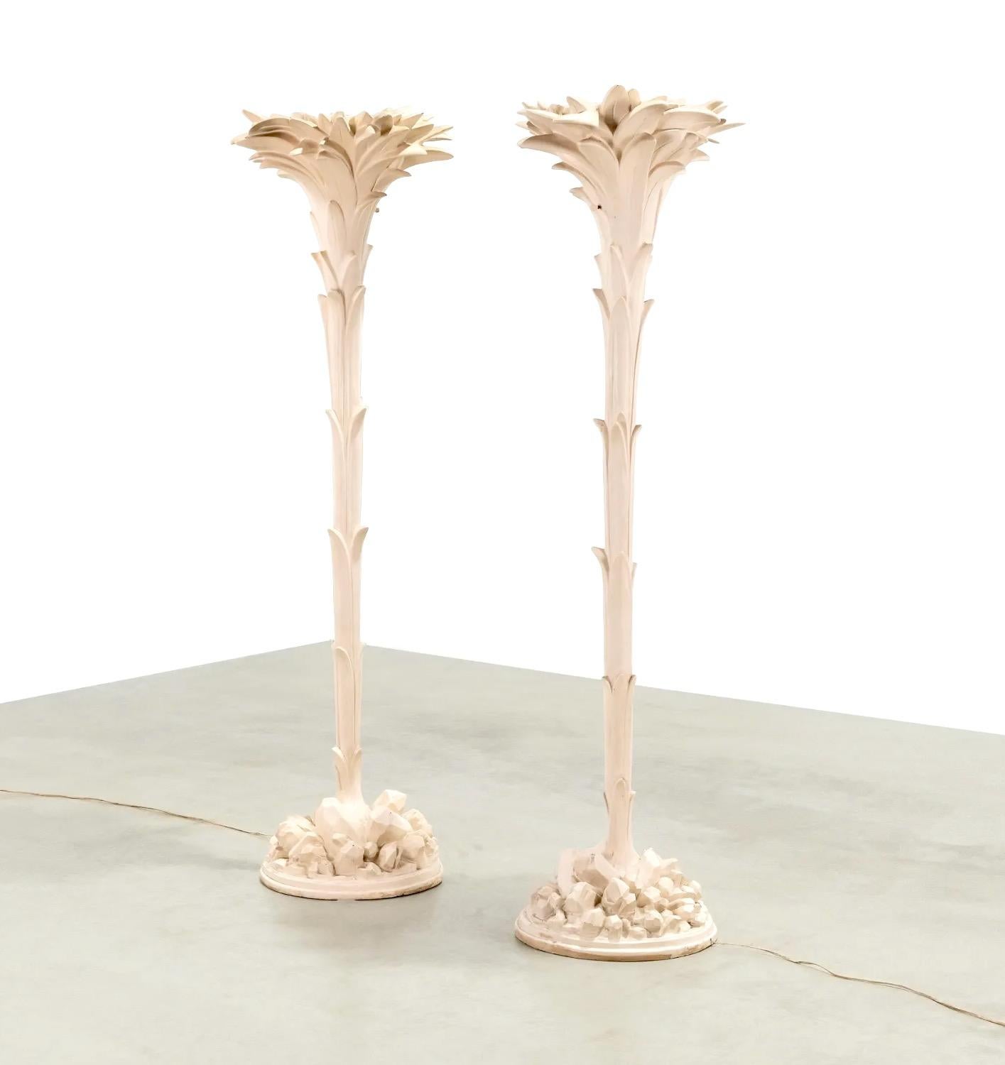 Pair of off-white lacquered cast plaster and fiberglass palm leaf torchiere floor lamps produced in the 1970's by Sirmos after the 1930's 