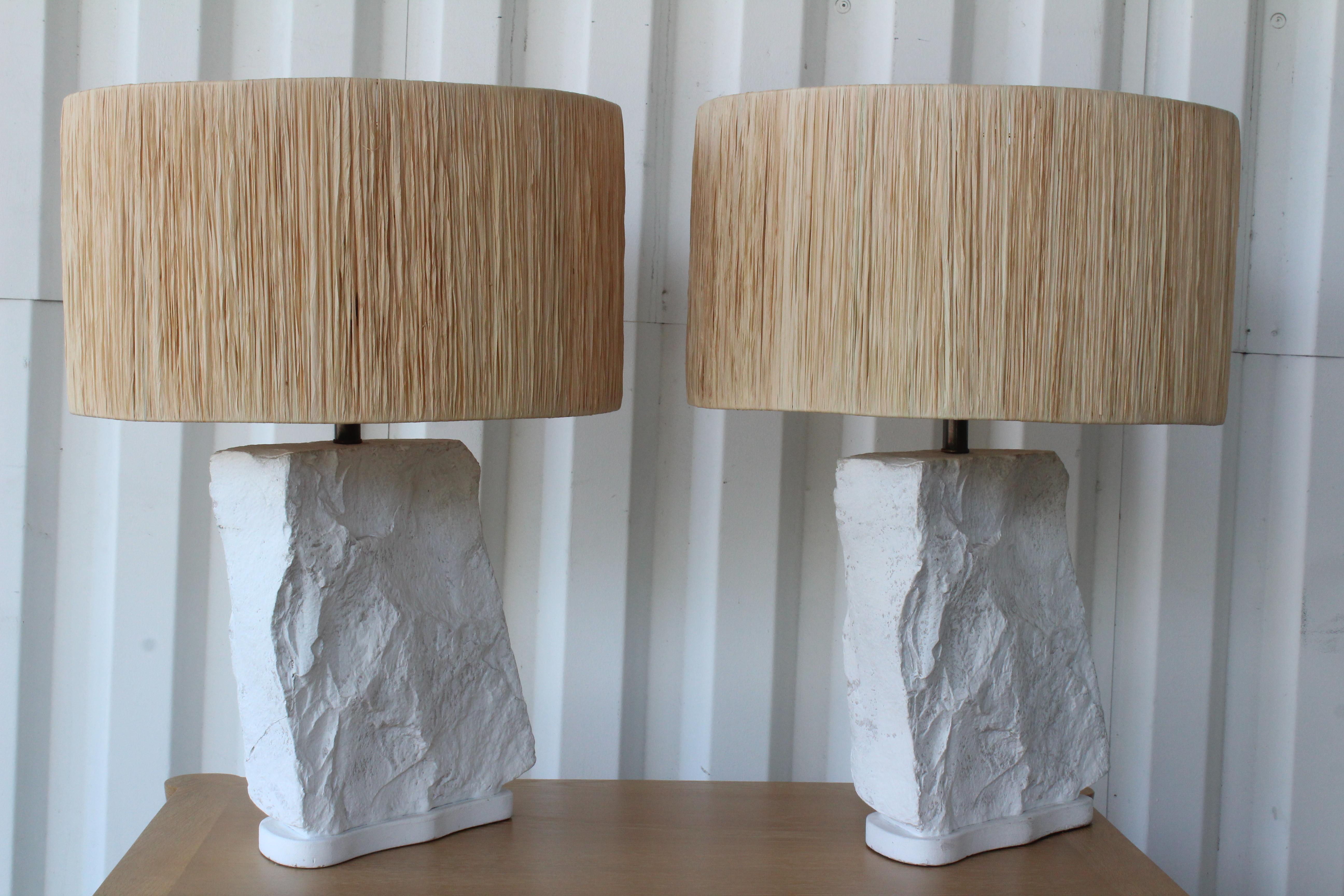 Pair of Sirmos Plaster Rocks Lamps with Custom Raffia Shades, France, 1970s In Good Condition In Los Angeles, CA