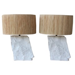 Pair of Sirmos Plaster Rocks Lamps with Custom Raffia Shades, France, 1970s