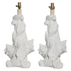 Retro Pair of Sirmos Plaster Sea Shell Lamps