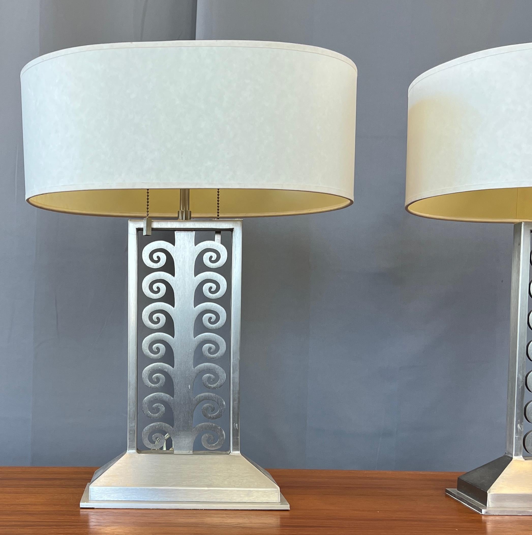 Modern Pair of Sirmos Table Lamps in Brushed Stainless Steel For Sale