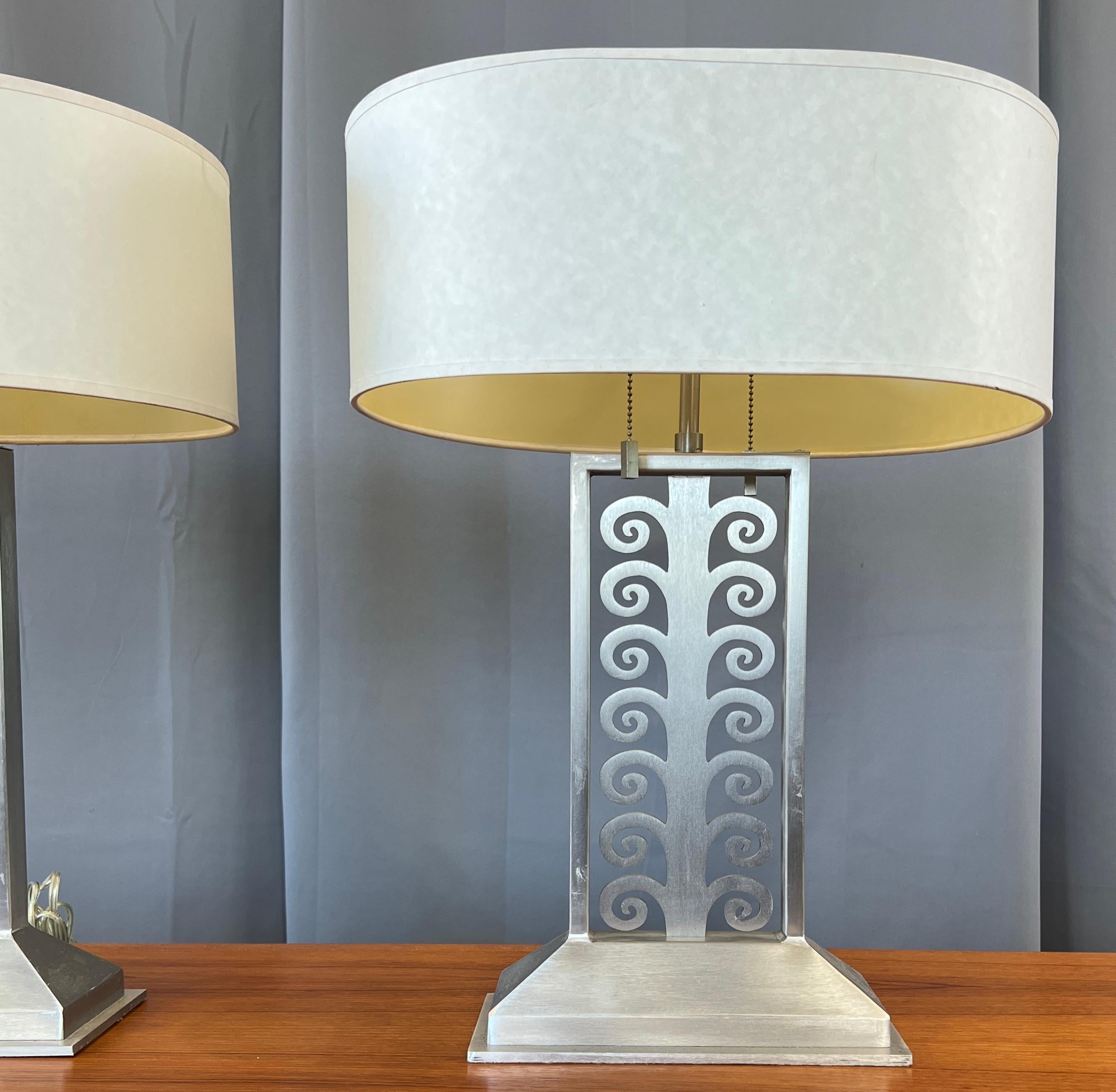 American Pair of Sirmos Table Lamps in Brushed Stainless Steel For Sale