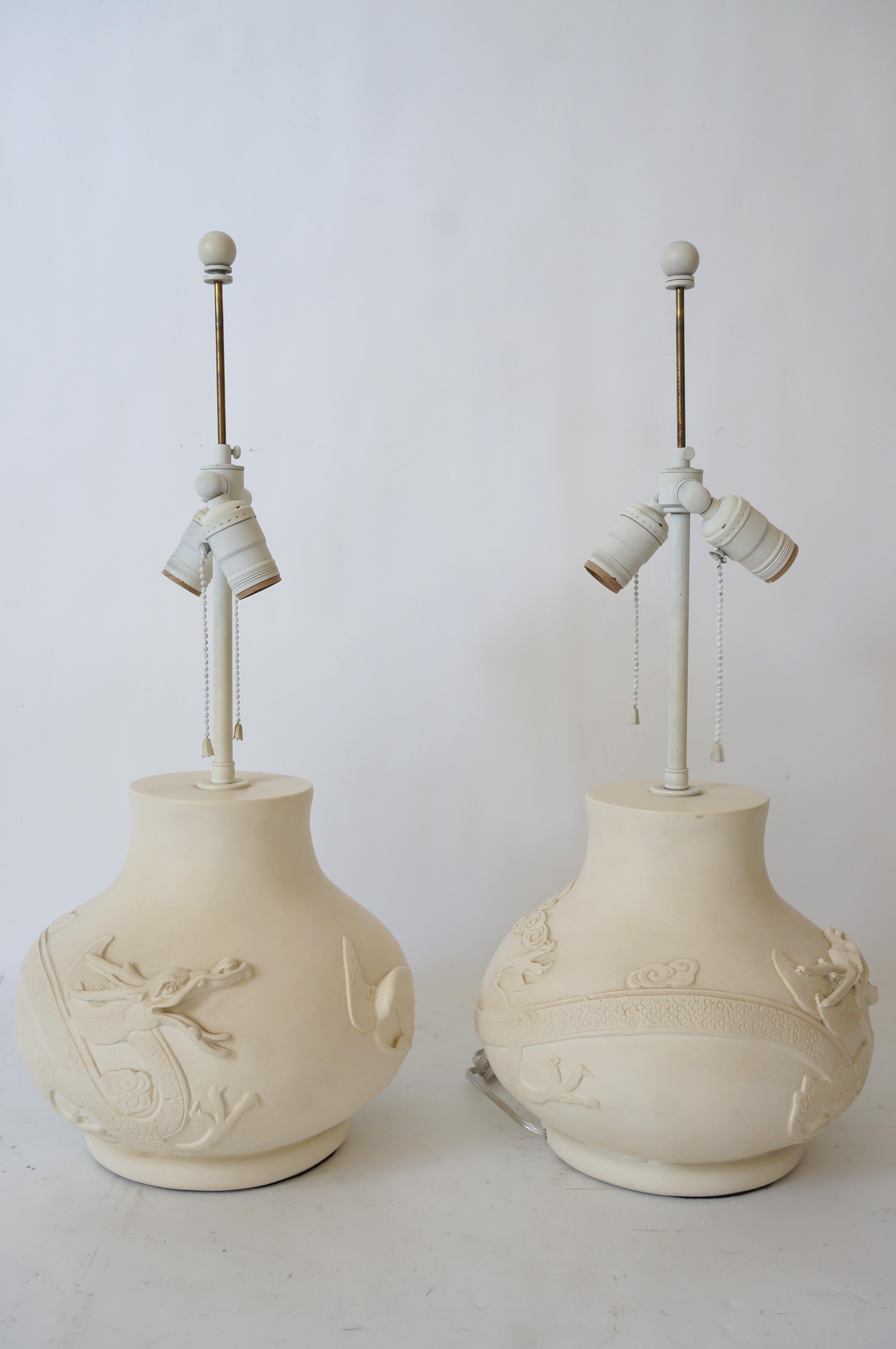 Pair of Sirmos Table Lamps with Dragon Motif In Good Condition For Sale In West Palm Beach, FL