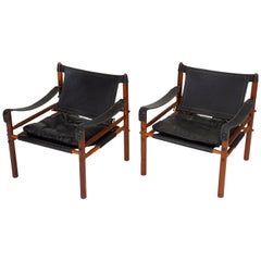 Pair of "Sirocco" Safari Chairs in Black Leather by Arne Norell