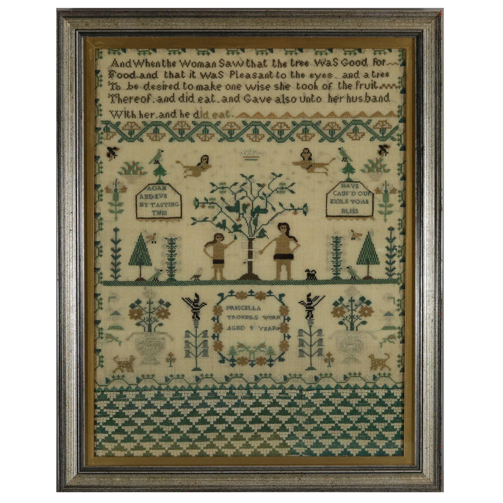 Pair of Sister Samplers, circa 1810, stitched by Priscella and H Trokes. PRISCILLA TROKES SAMPLER: This sampler is worked in silk threads on a linen ground, mainly in cross stitch. Meandering strawberry border. Colours green, light brown, dark
