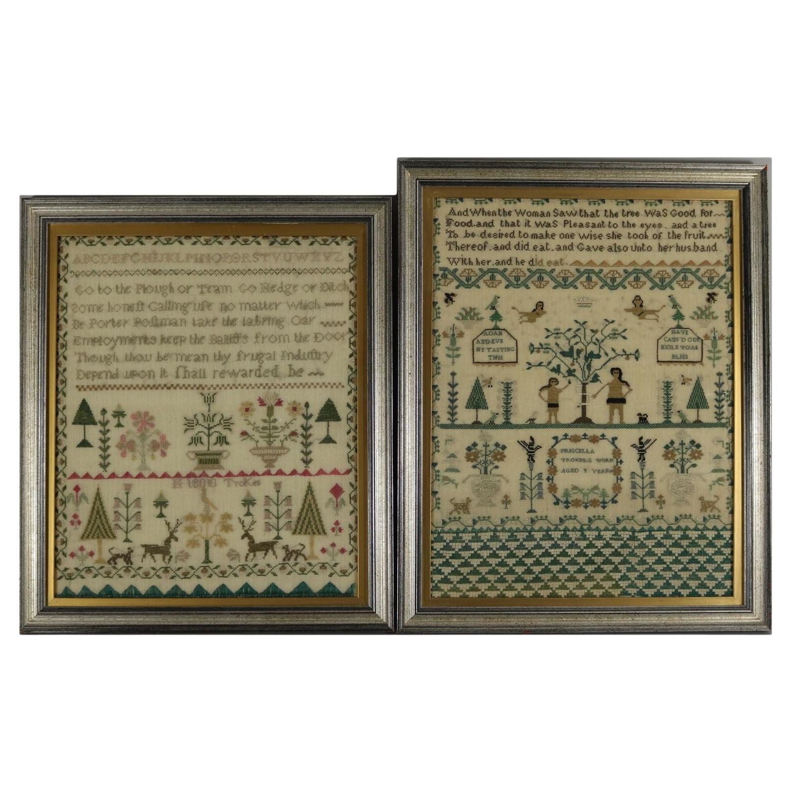 Pair of Sister Samplers, 1810, Priscella and H Trokes For Sale