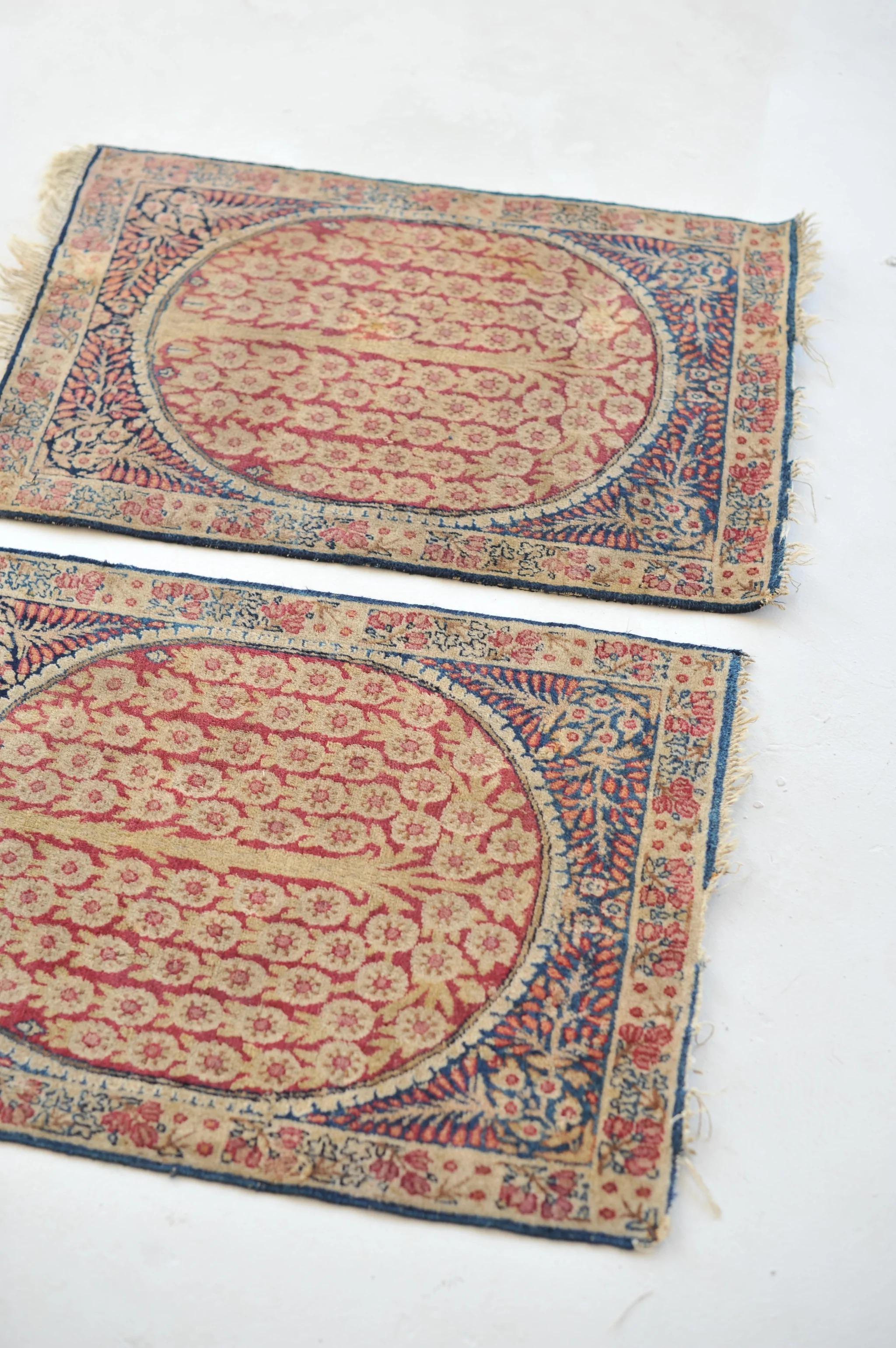 Pair of Sister Weeping Willow Tree of Life Antique Kerman Lavar Rug Mats For Sale 4