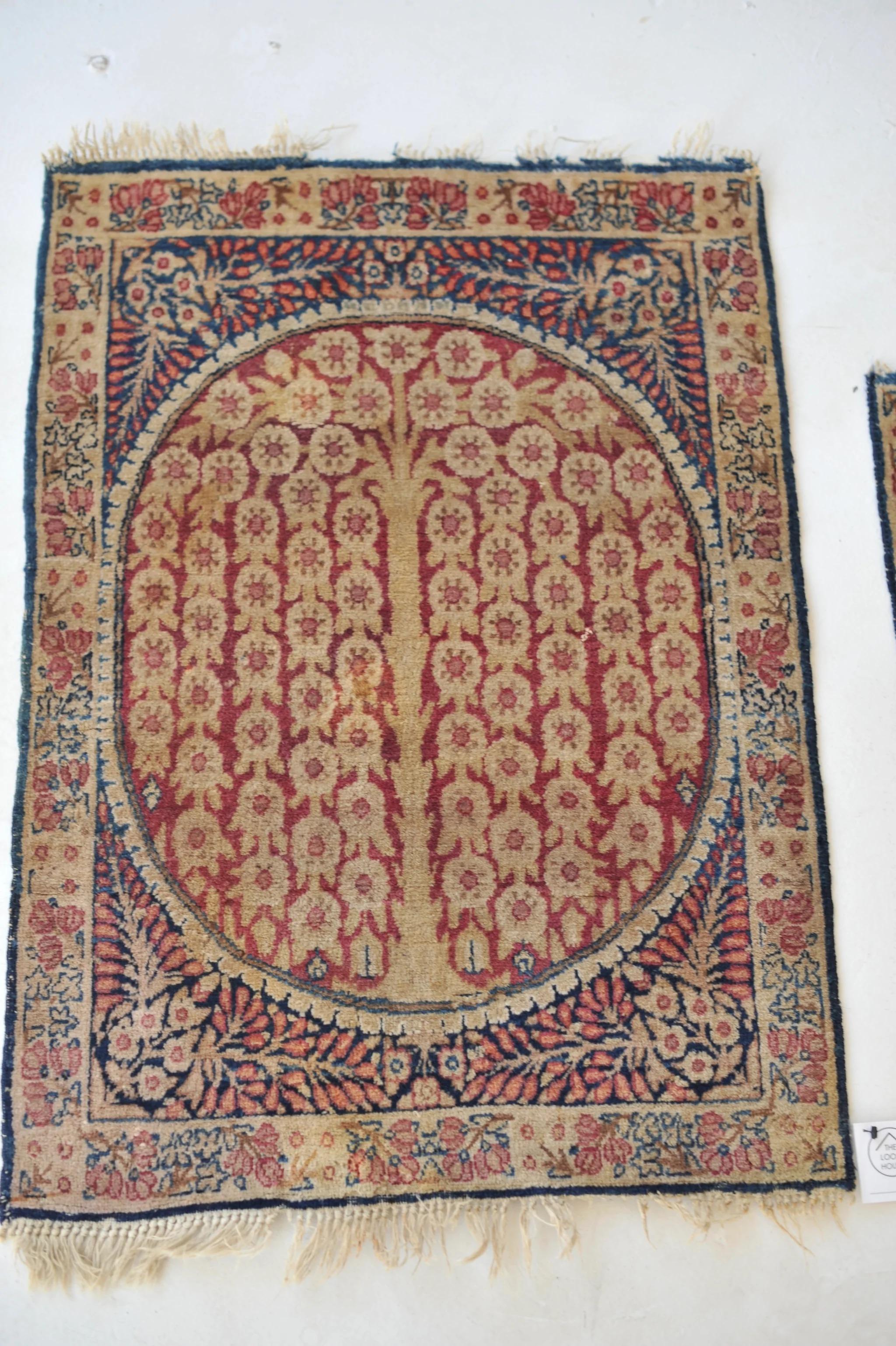Woven Pair of Sister Weeping Willow Tree of Life Antique Kerman Lavar Rug Mats For Sale