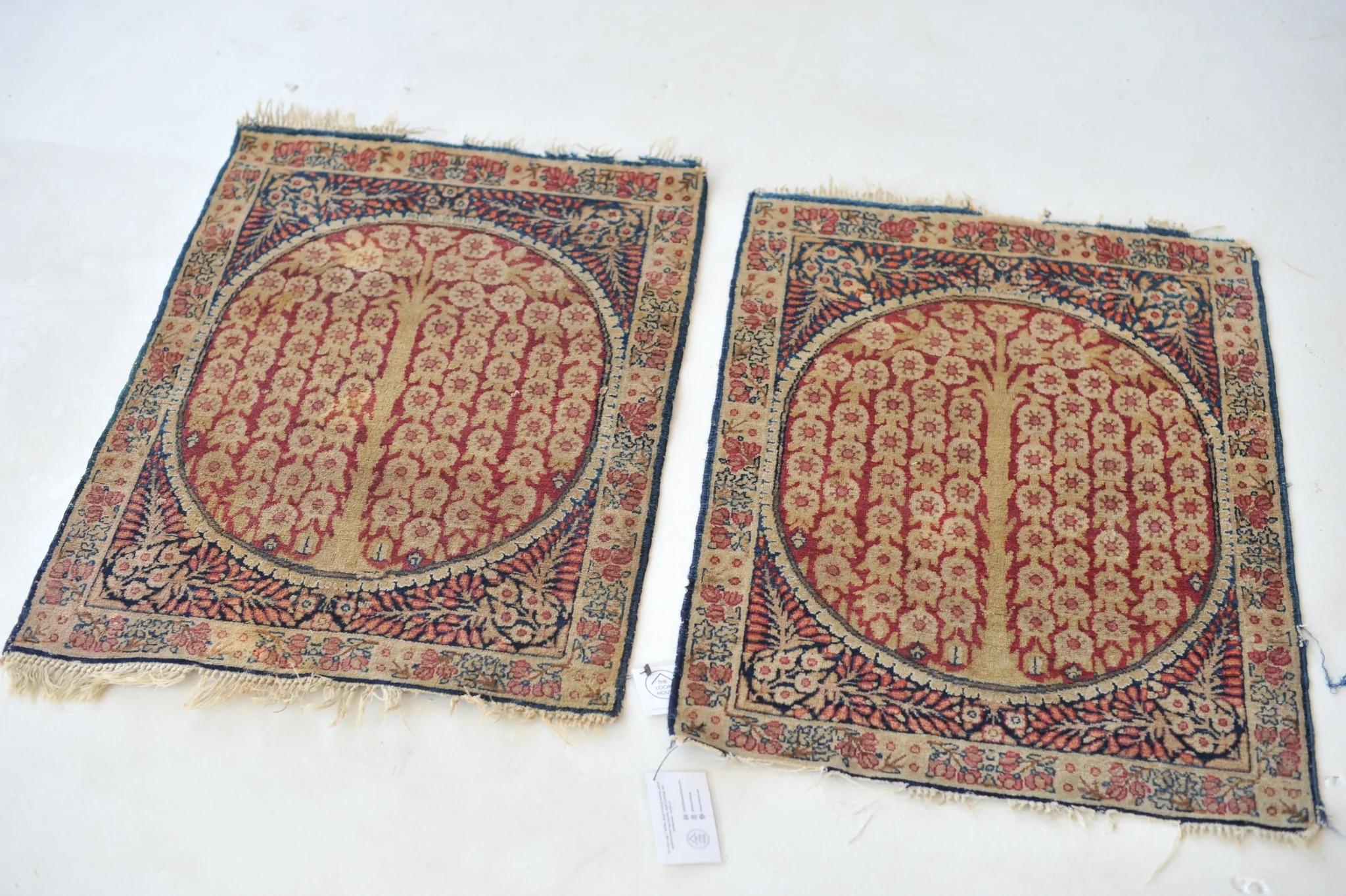 Early 20th Century Pair of Sister Weeping Willow Tree of Life Antique Kerman Lavar Rug Mats For Sale