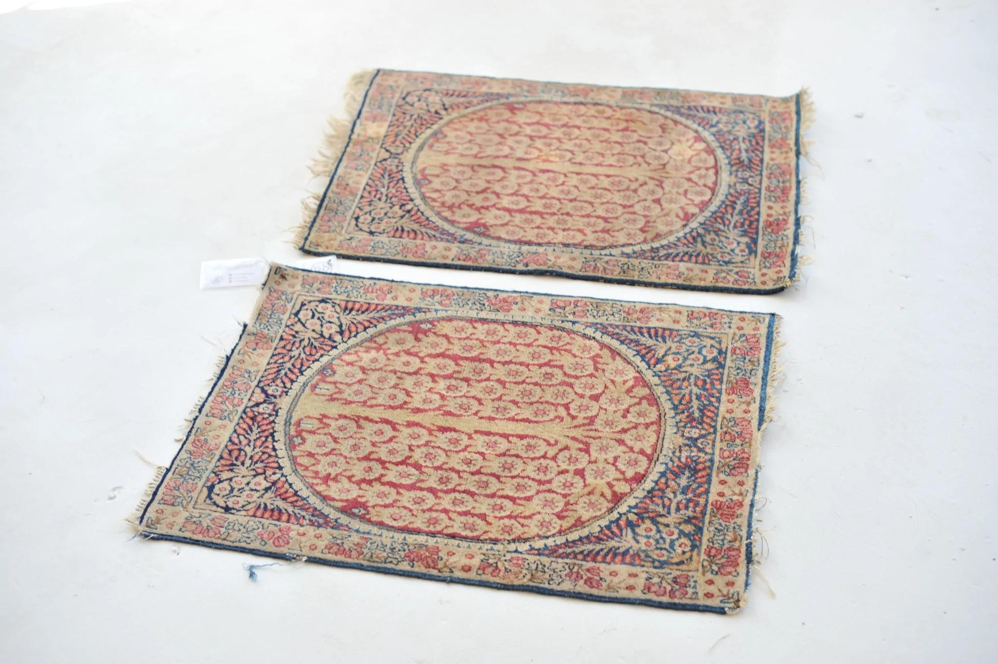 Pair of Sister Weeping Willow Tree of Life Antique Kerman Lavar Rug Mats For Sale 1