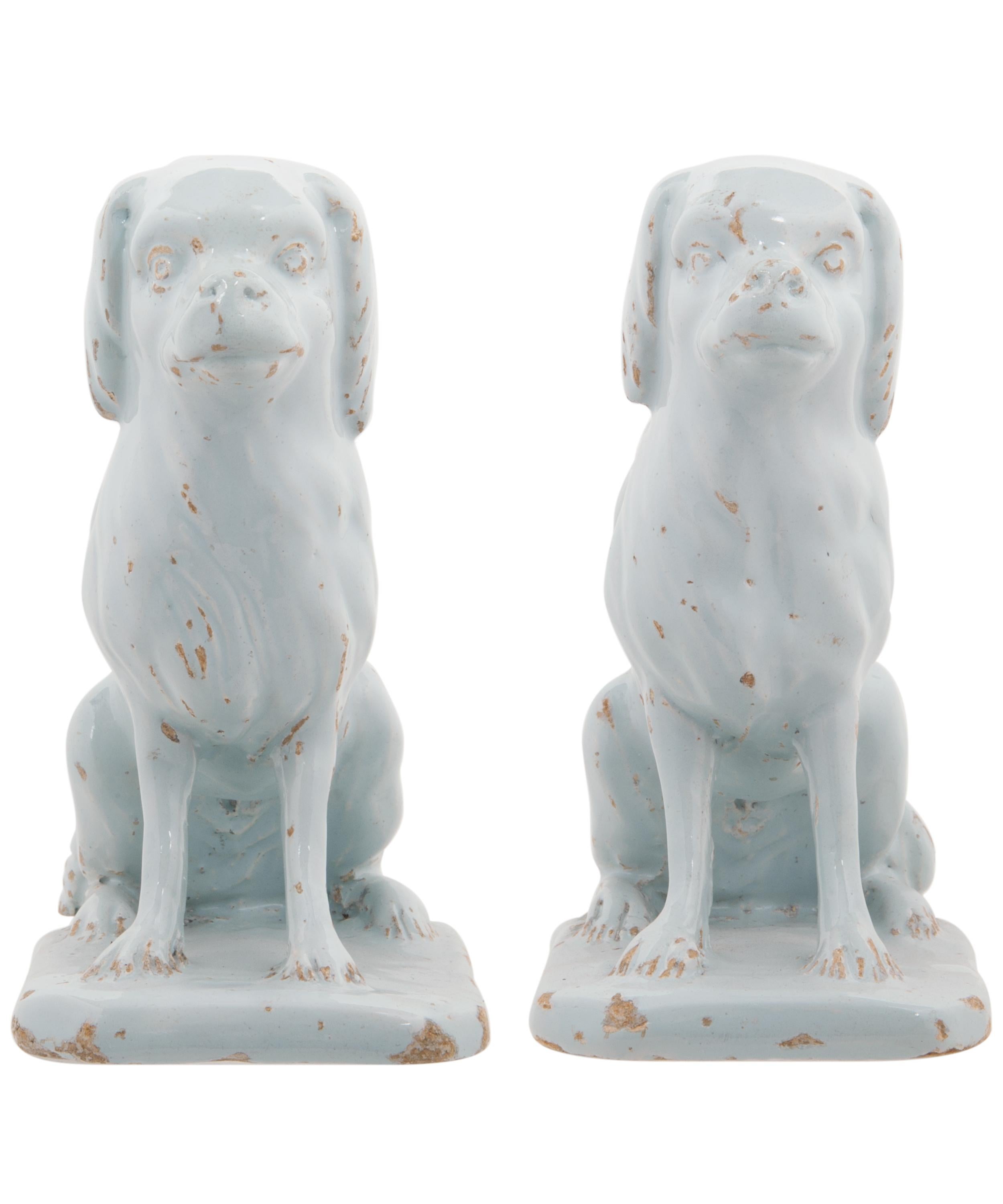 Rococo Pair of Sitting Dogs in White Dutch Delftware For Sale