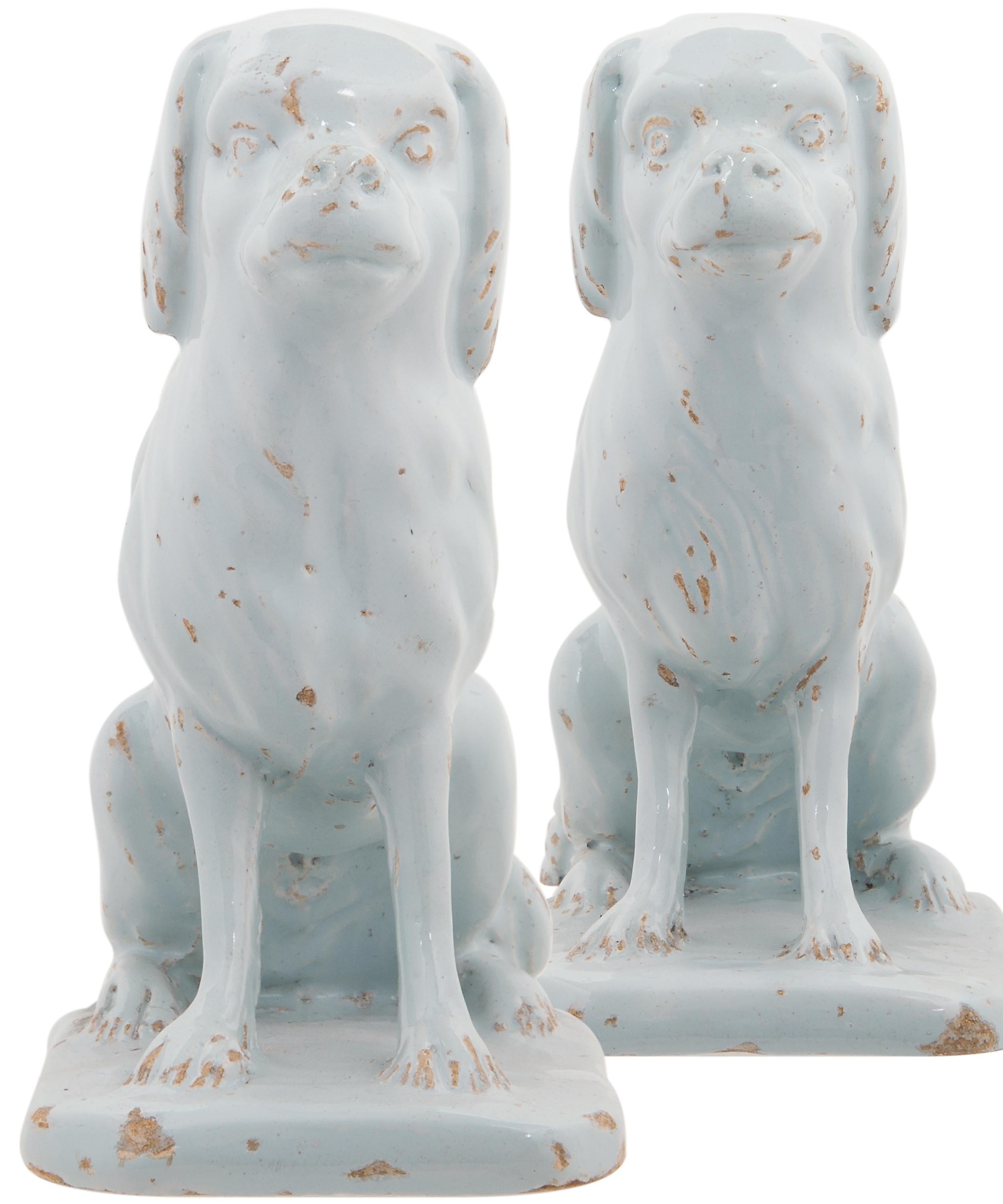 Pair of Sitting Dogs in White Dutch Delftware For Sale 1