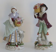 Pair of Sitzendorf Figures Porcelain Flower Sellers, German Fully Marked Ca 1920