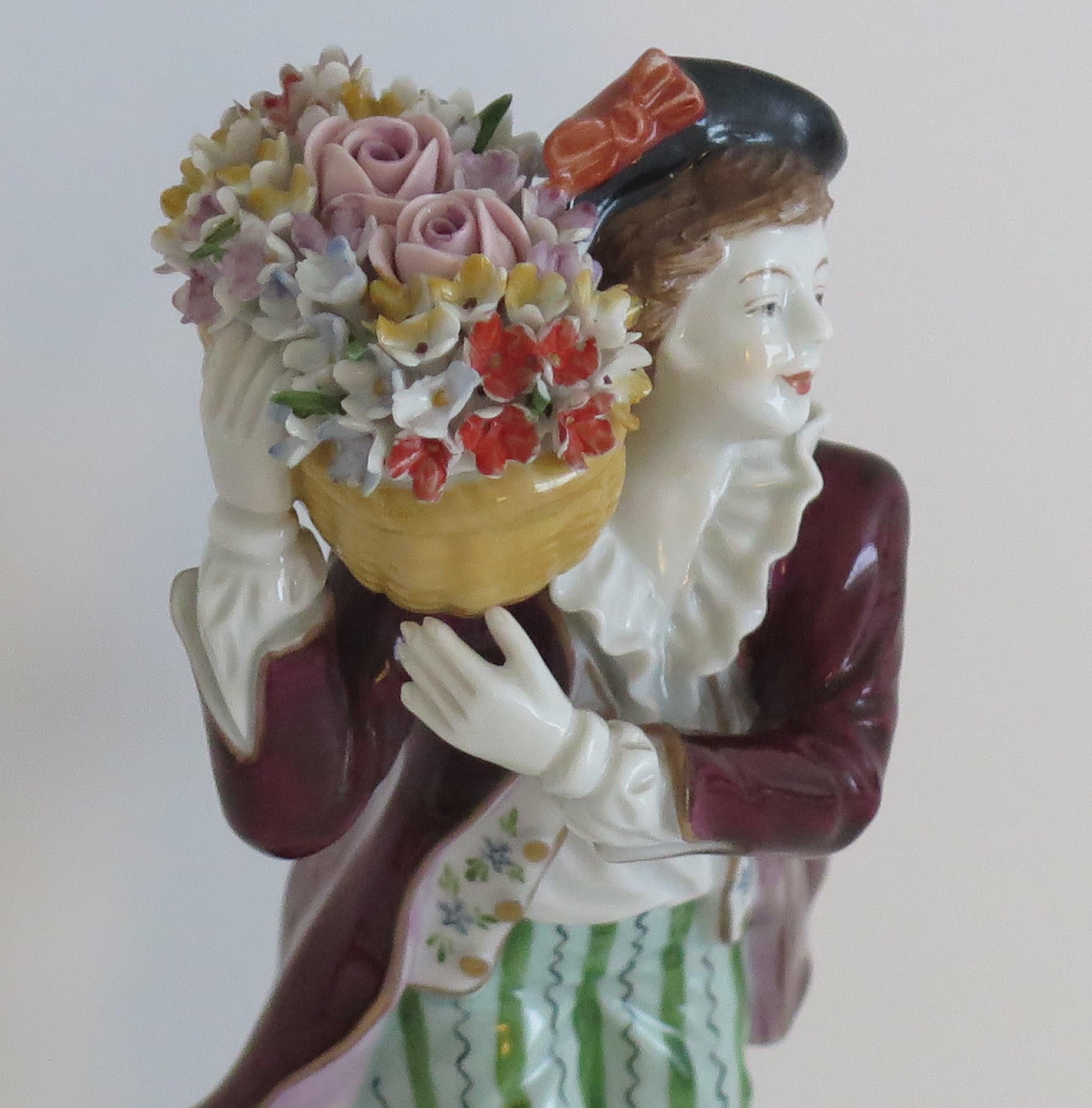 20th Century Pair of Sitzendorf Figures Porcelain Flower Sellers, German Fully Marked Ca 1920 For Sale