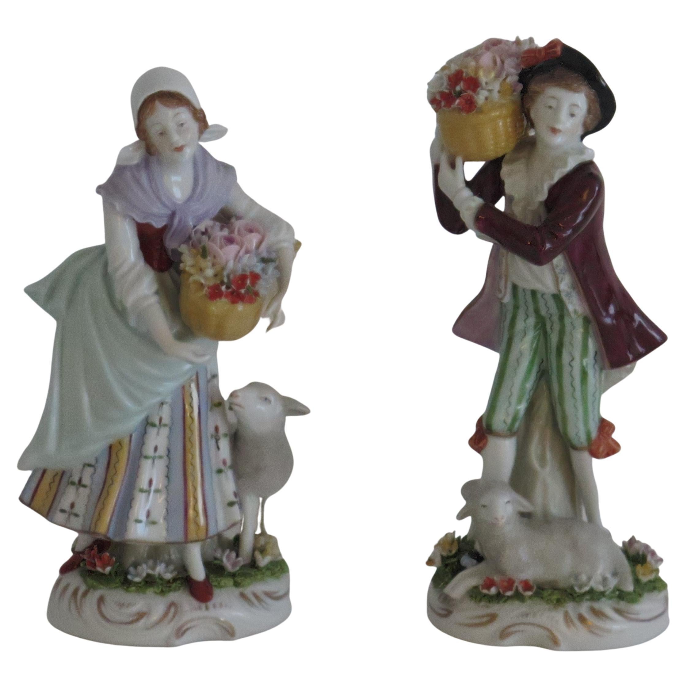 Pair of Sitzendorf Figures Porcelain Flower Sellers, German Fully Marked Ca 1920