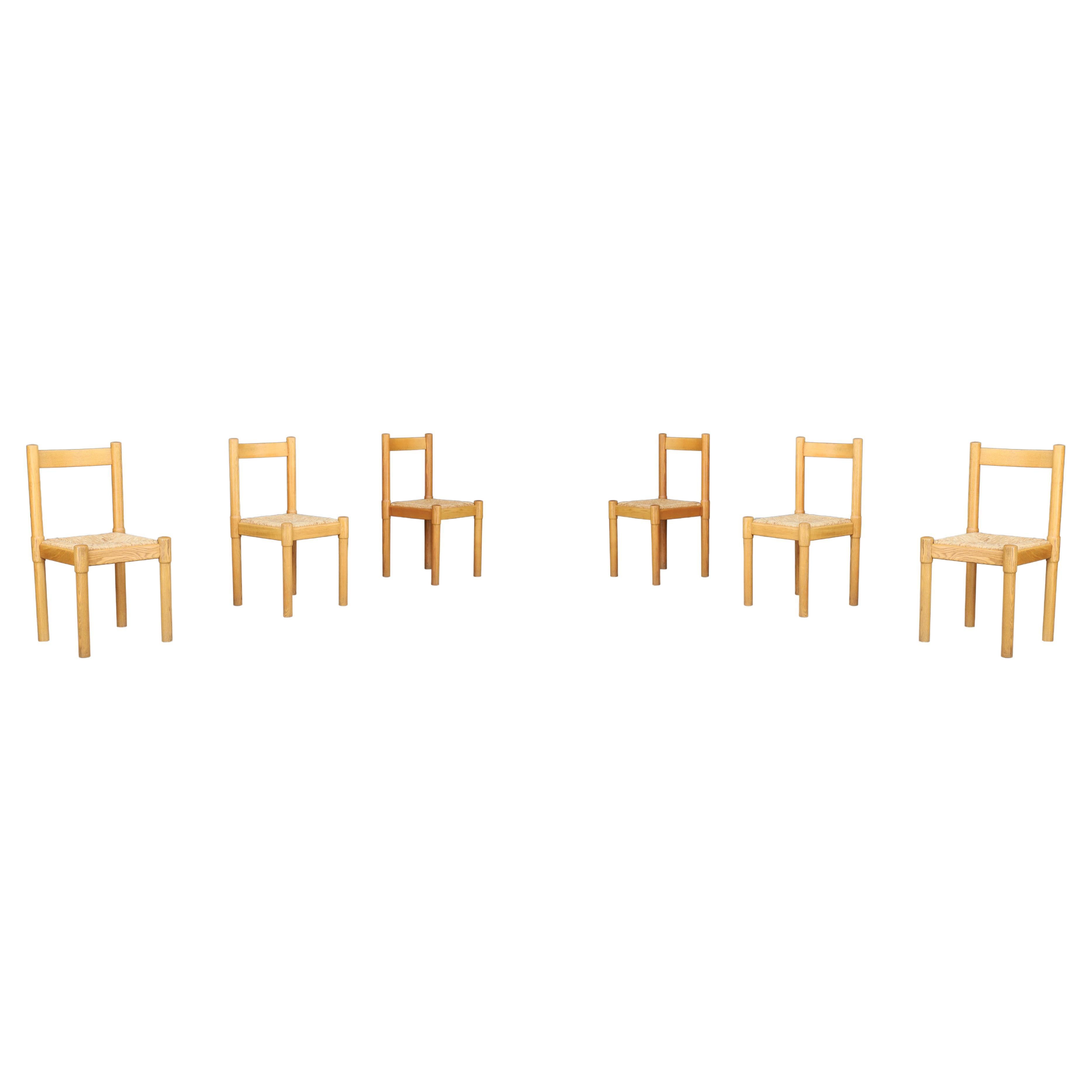 Paire de chaises de salle à manger en frêne et jonc dans le style de Vico Magistretti