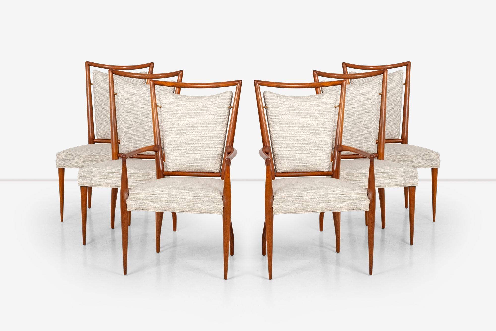 Pair of Six Dining Chairs by J. Stuart Clingman for Widdicomb. The chairs are made of solid mahogany wood with a lacquer finish and feature brass spacer details. They have been reupholstered with cotton-poly fabric.
J. Stuart Clingman served as the