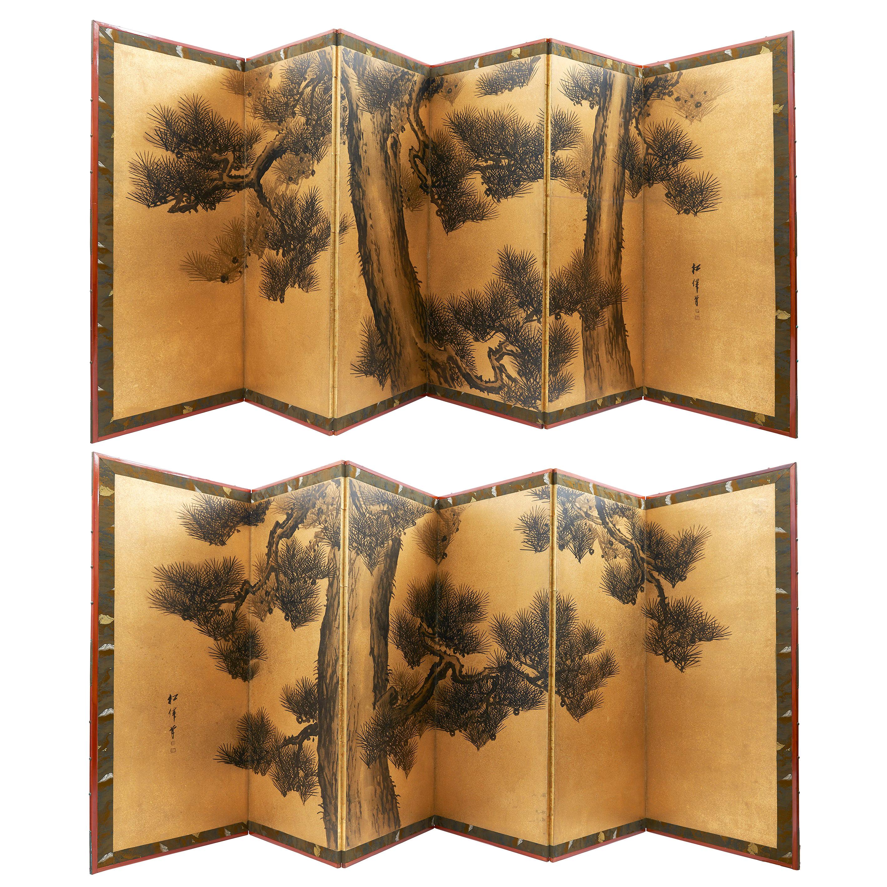 Pair of Six Fold Japanese Paper Screens For Sale