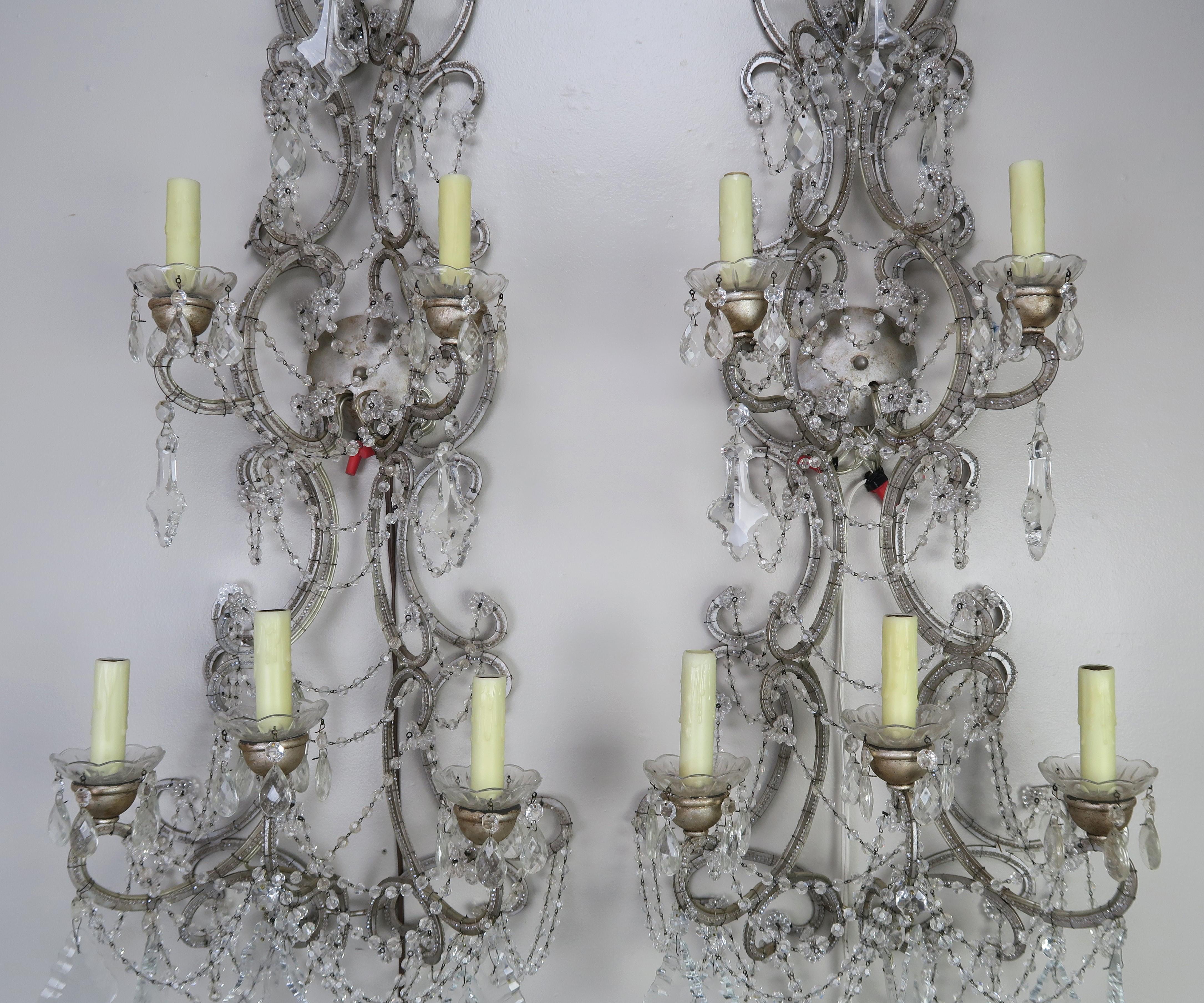 Rococo Pair of Six-Light Italian Crystal Beaded Sconces