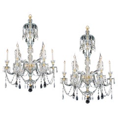 Antique Pair of Six Light Ormolu-Mounted Cut Glass Chandeliers in Adam Style