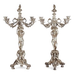 Pair of Six-Light Silvered Bronze Candelabra Attributed to Christofle