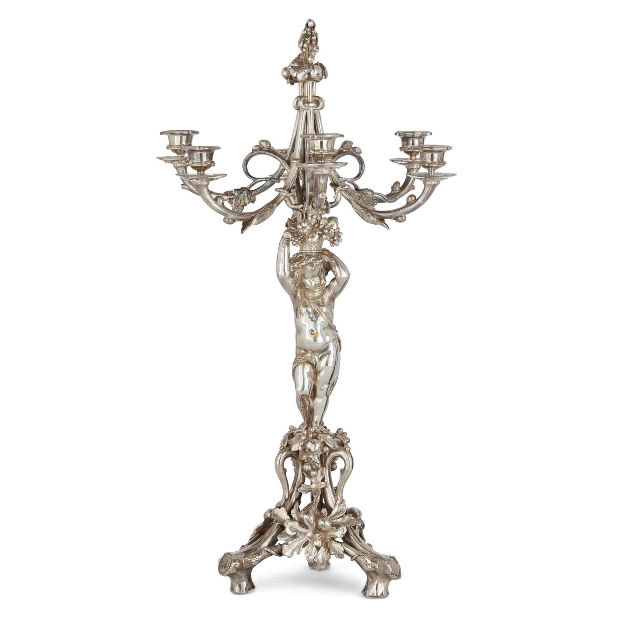 Rococo Pair of Six-Light Silvered Bronze Candelabra Attributed to Christofle For Sale