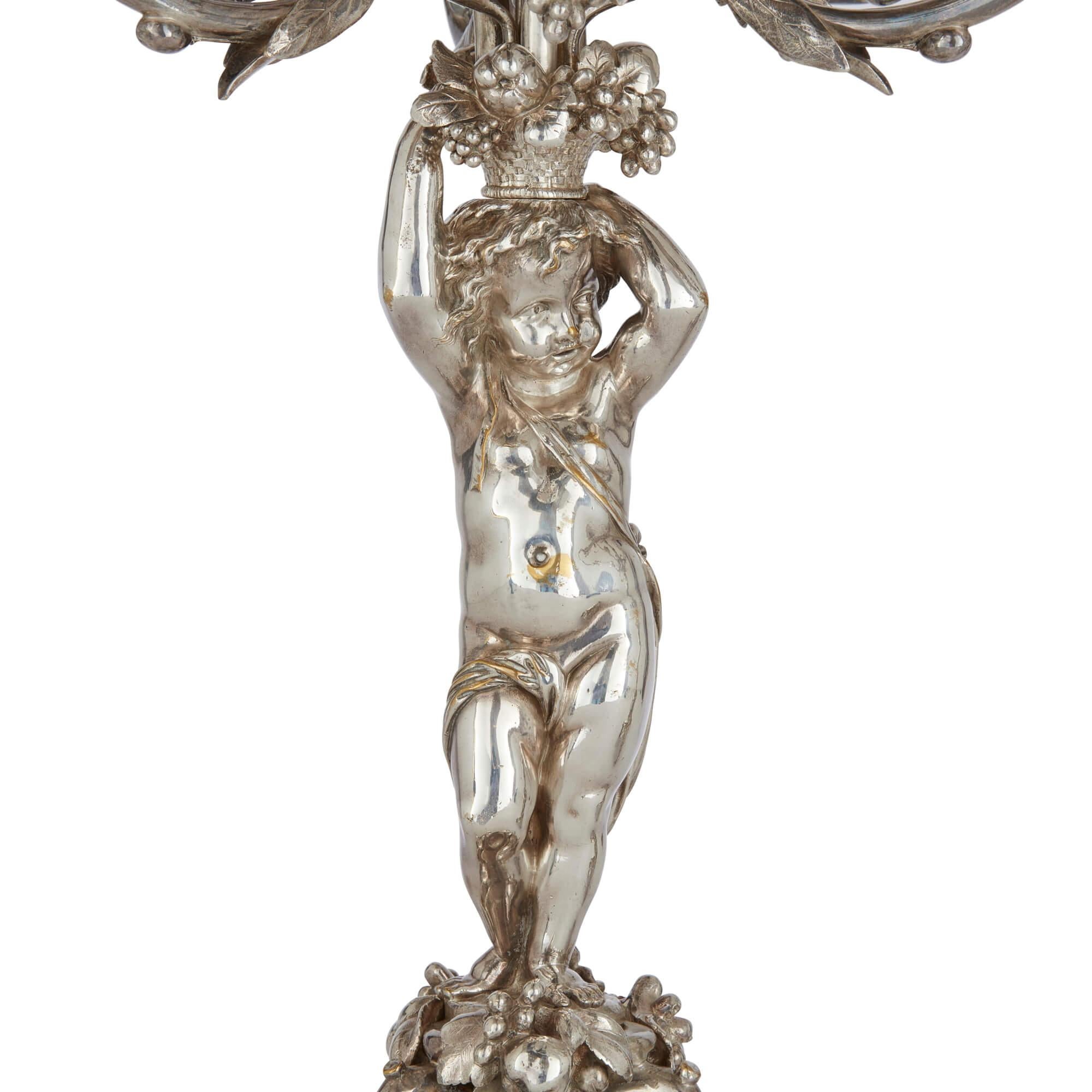 French Pair of Six-Light Silvered Bronze Candelabra Attributed to Christofle For Sale