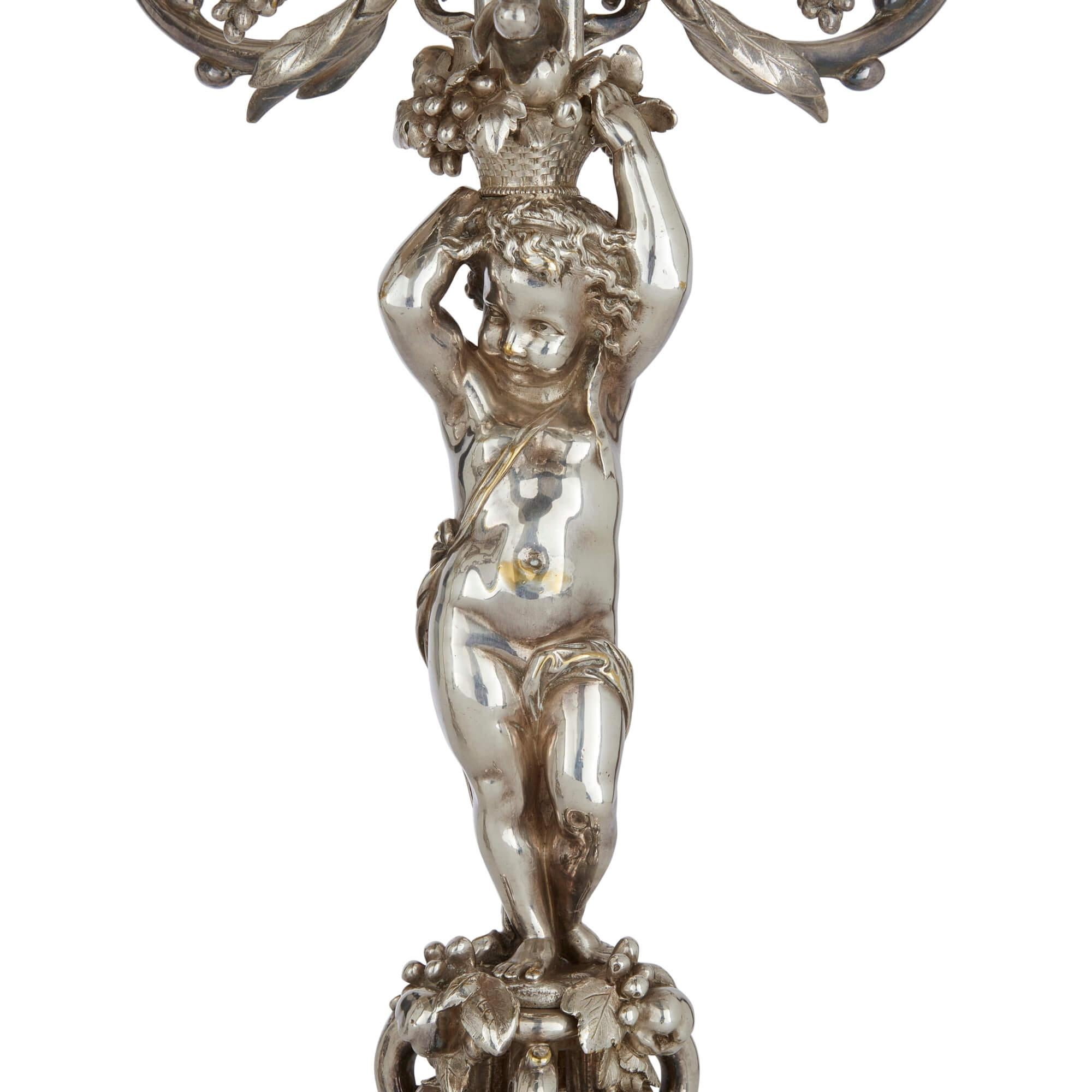 Cast Pair of Six-Light Silvered Bronze Candelabra Attributed to Christofle For Sale