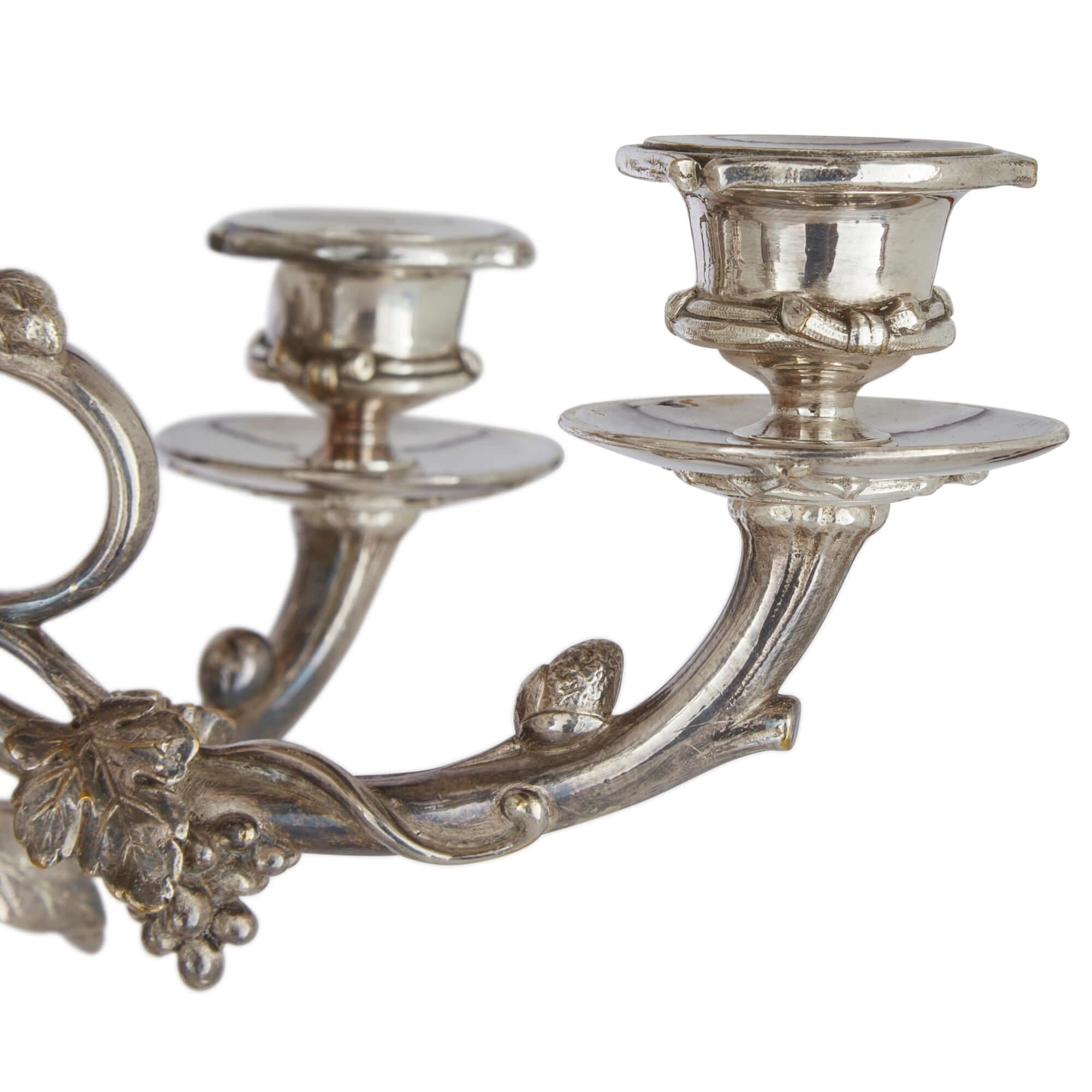 19th Century Pair of Six-Light Silvered Bronze Candelabra Attributed to Christofle For Sale