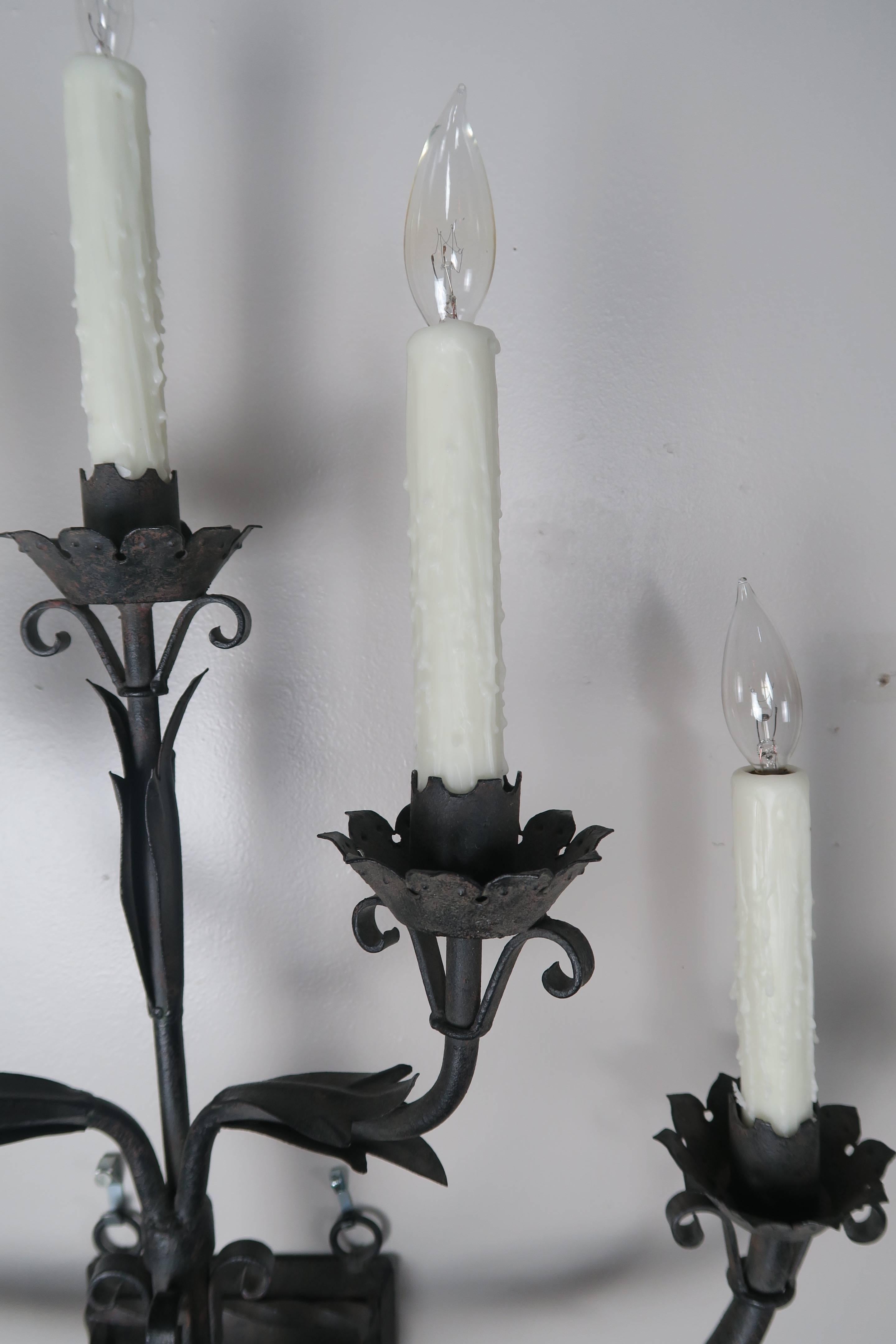 20th Century Pair of Six Light Spanish Wrought Iron Sconces