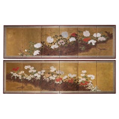 Pair of Six-Panel Folding Screens with Peonies and Other Flowers