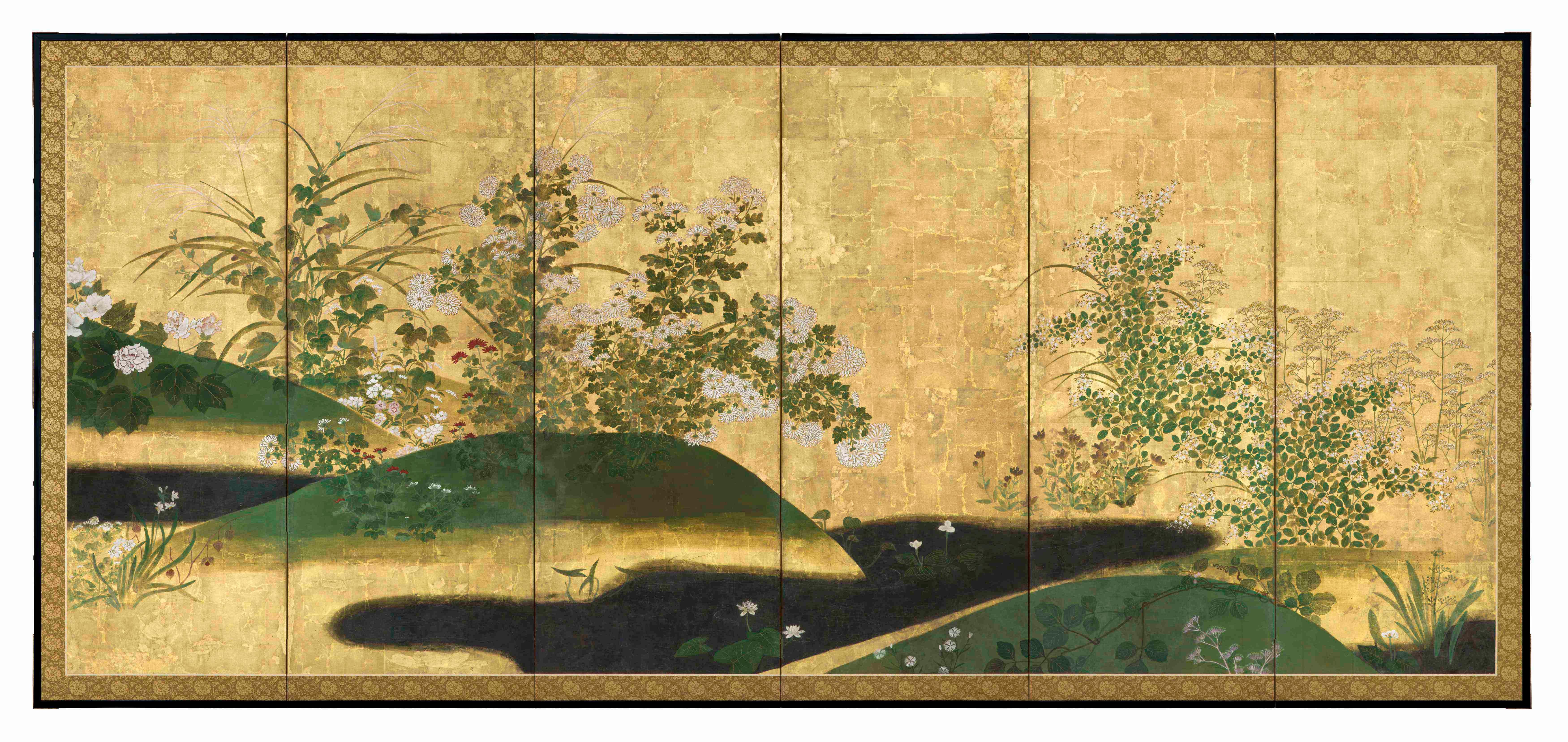Pair of six-panel folding screens; ink, mineral colors, go fun, and gold on paper with gold leaf
Rinpa School, Edo period (1615-1868).