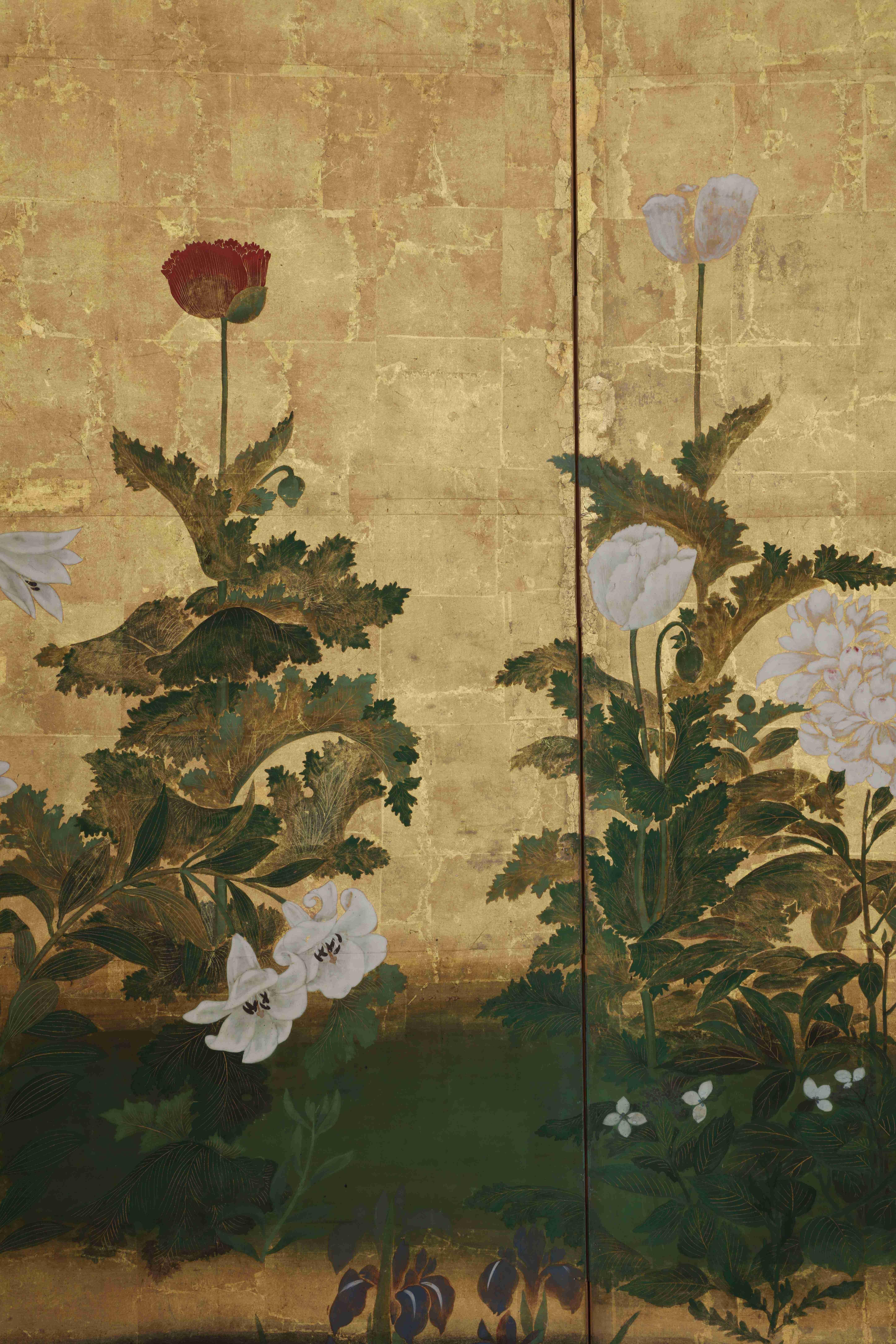 Japanese Pair of Six-Panel Screens, Flowers of the Four Seasons For Sale