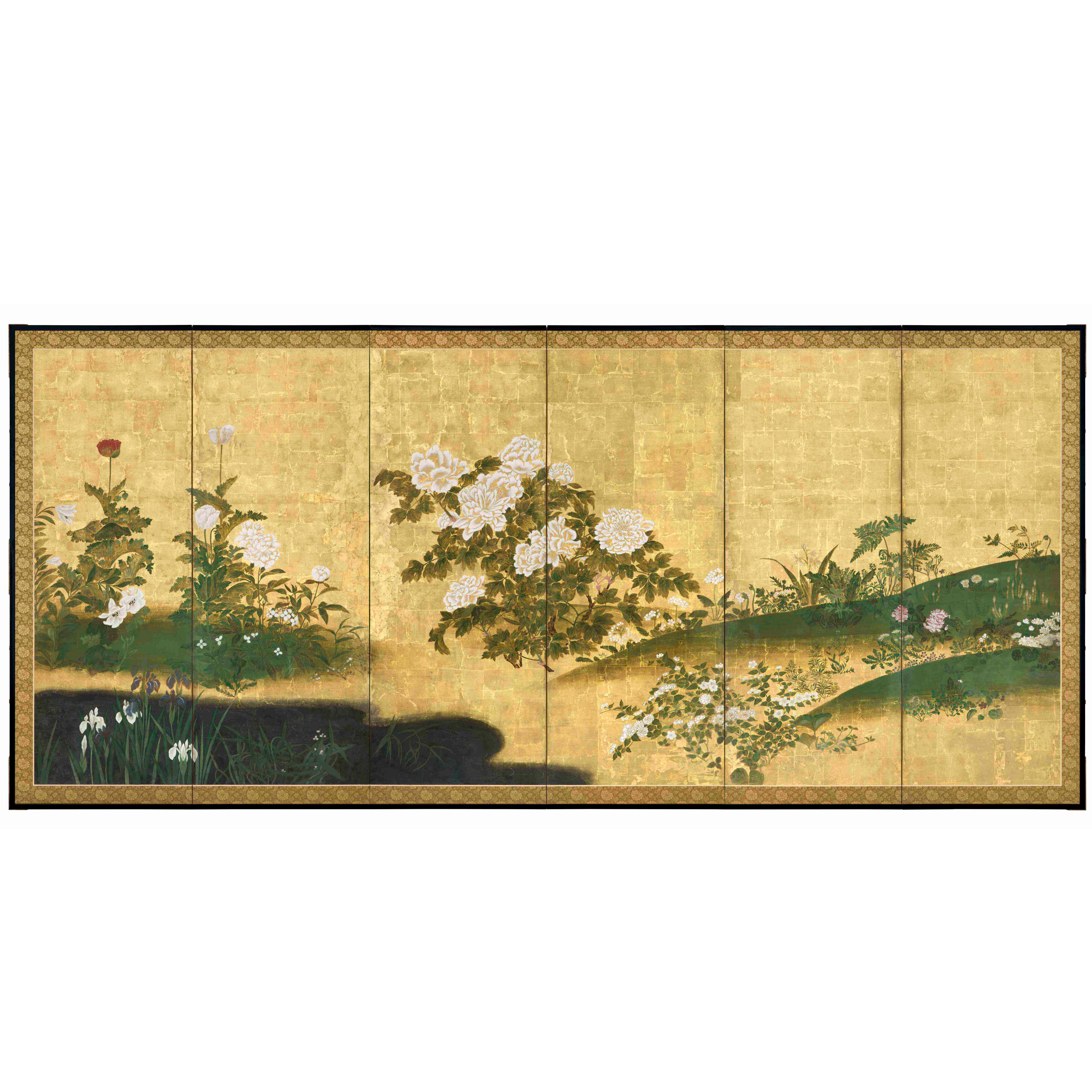 Pair of Six-Panel Screens, Flowers of the Four Seasons For Sale