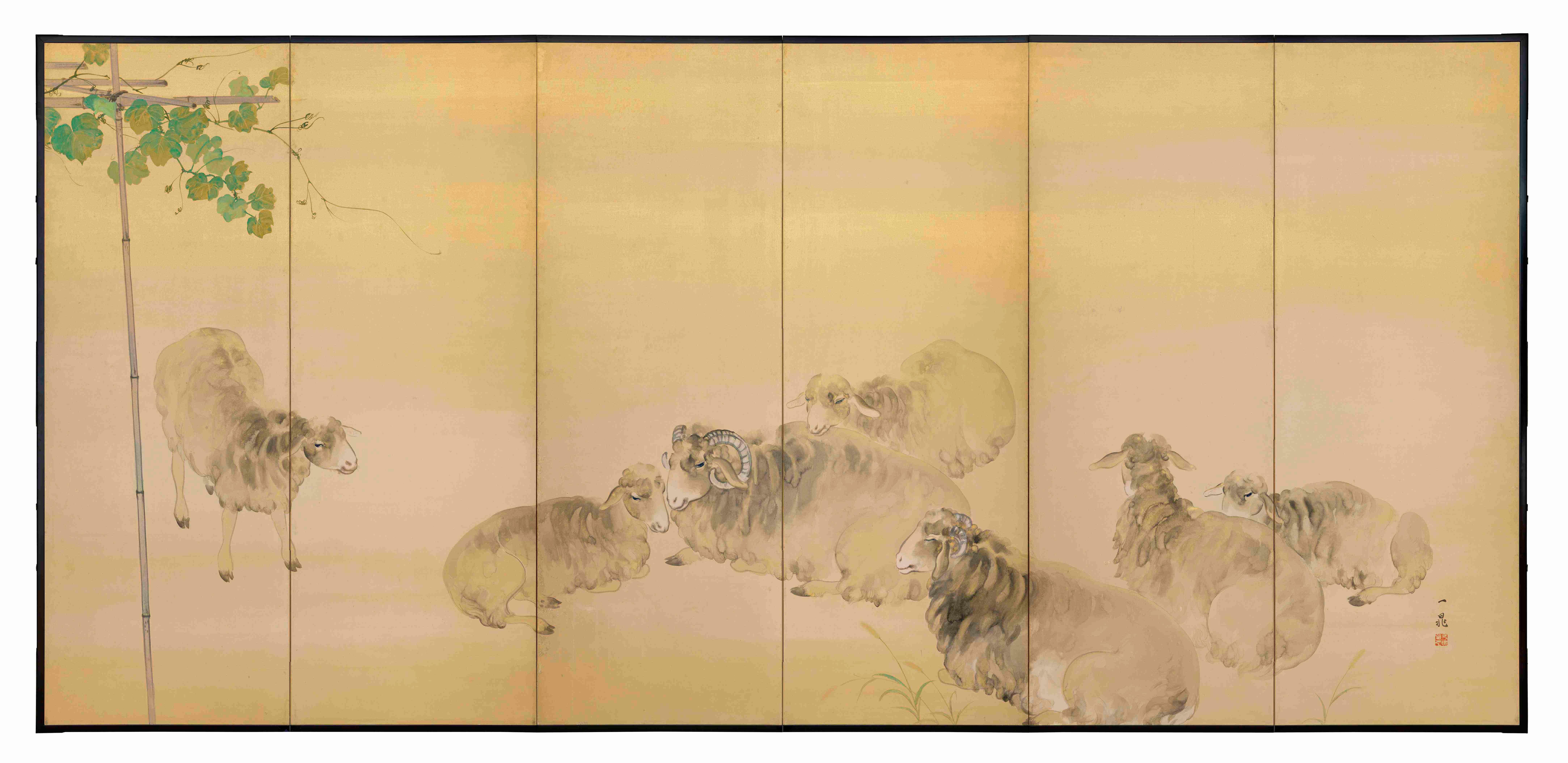 The screen is made from ink, mineral colors, gofun (powdered calcified shell) and gold wash on paper and dated (Showa era (1926–1989)).

In this tranquil fall scene, a flock of sheep-farm animals not often seen in earlier Japanese art-graze and