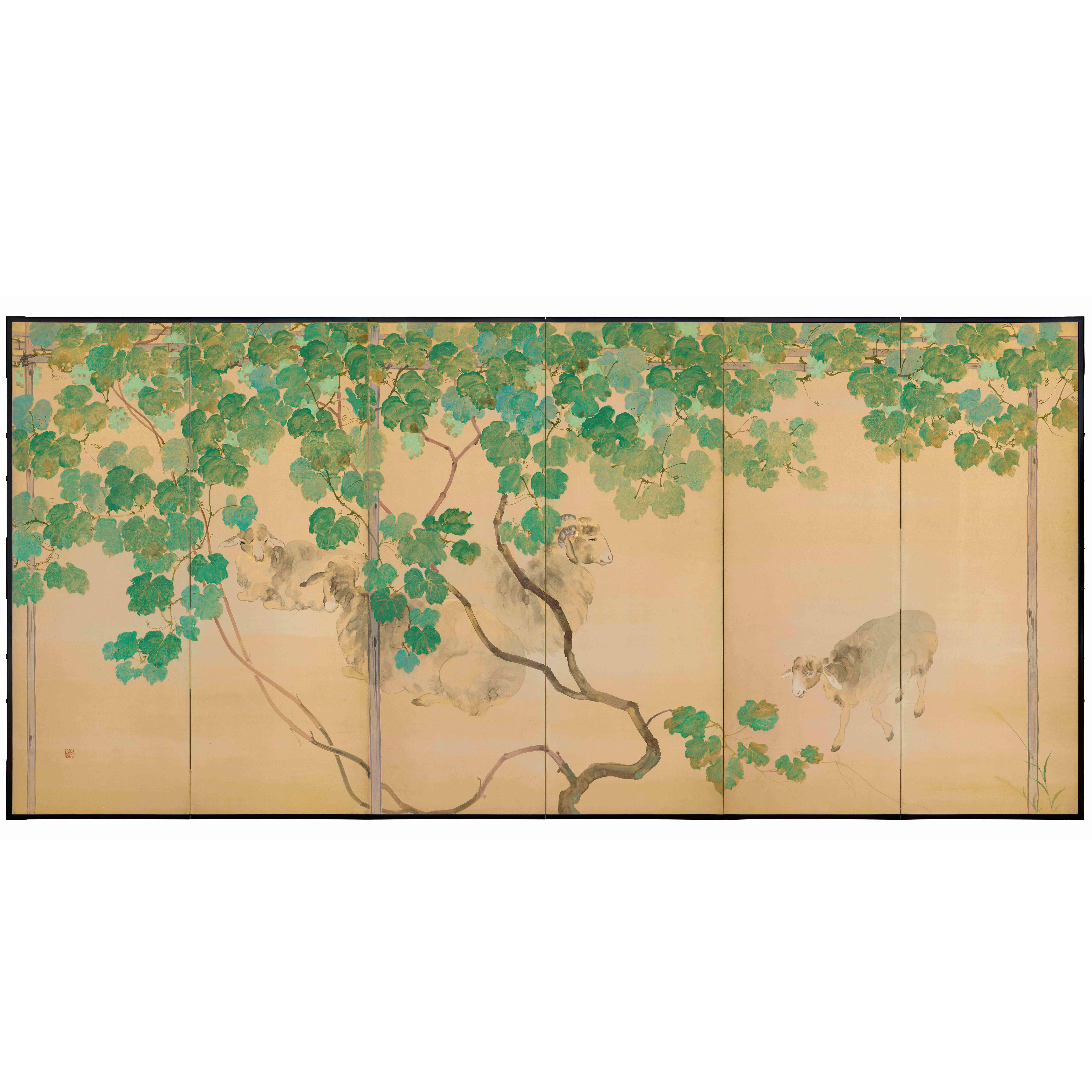 Pair of Six-Panel Screens, Sheep by Trees For Sale