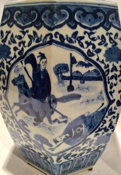 Pair of Six Sided Blue and White Porcelain Jars with Lids