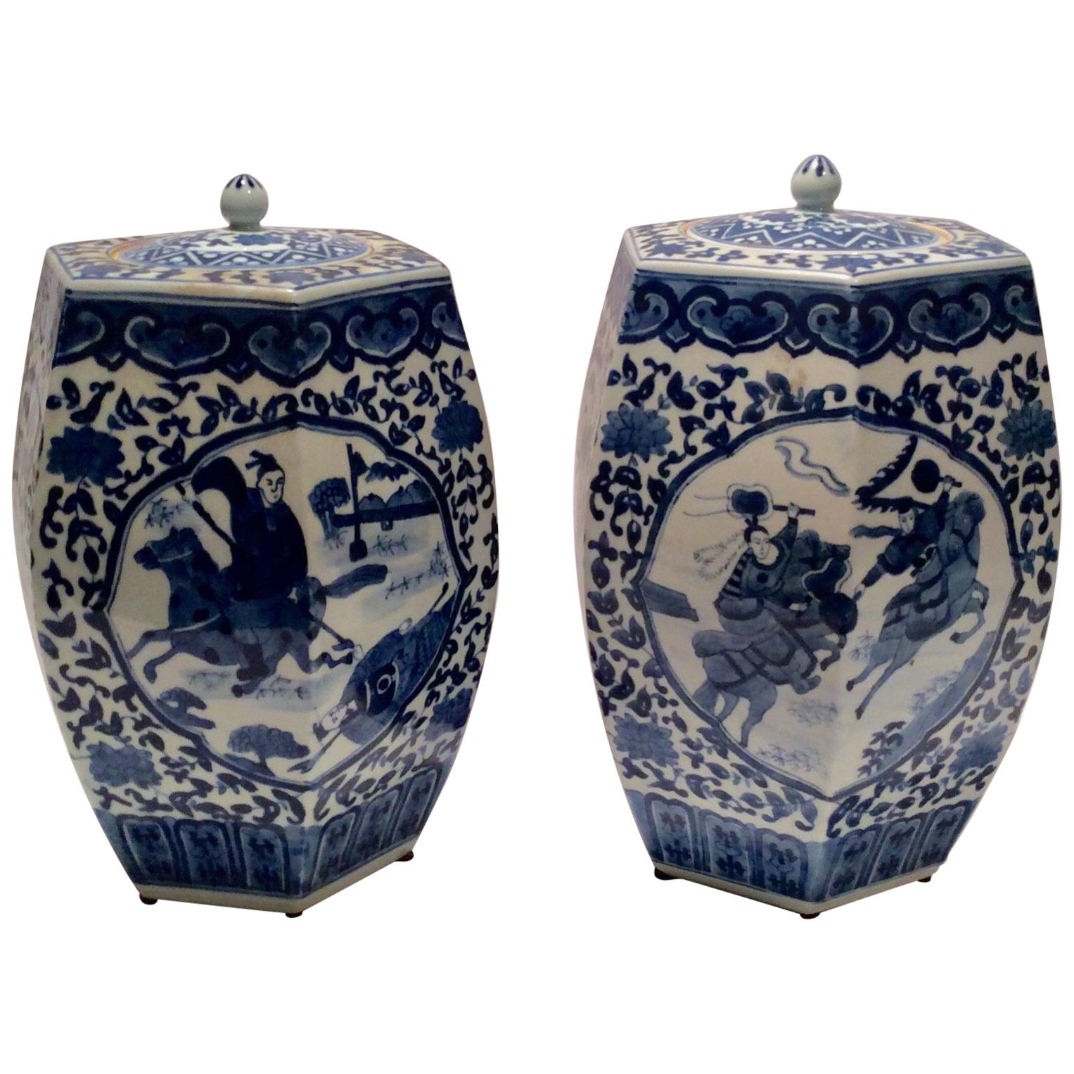Pair of Six Sided Blue and White Porcelain Jars with Lids For Sale at