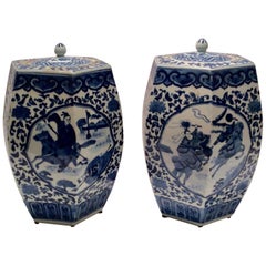 Pair of Six Sided Blue and White Porcelain Jars with Lids