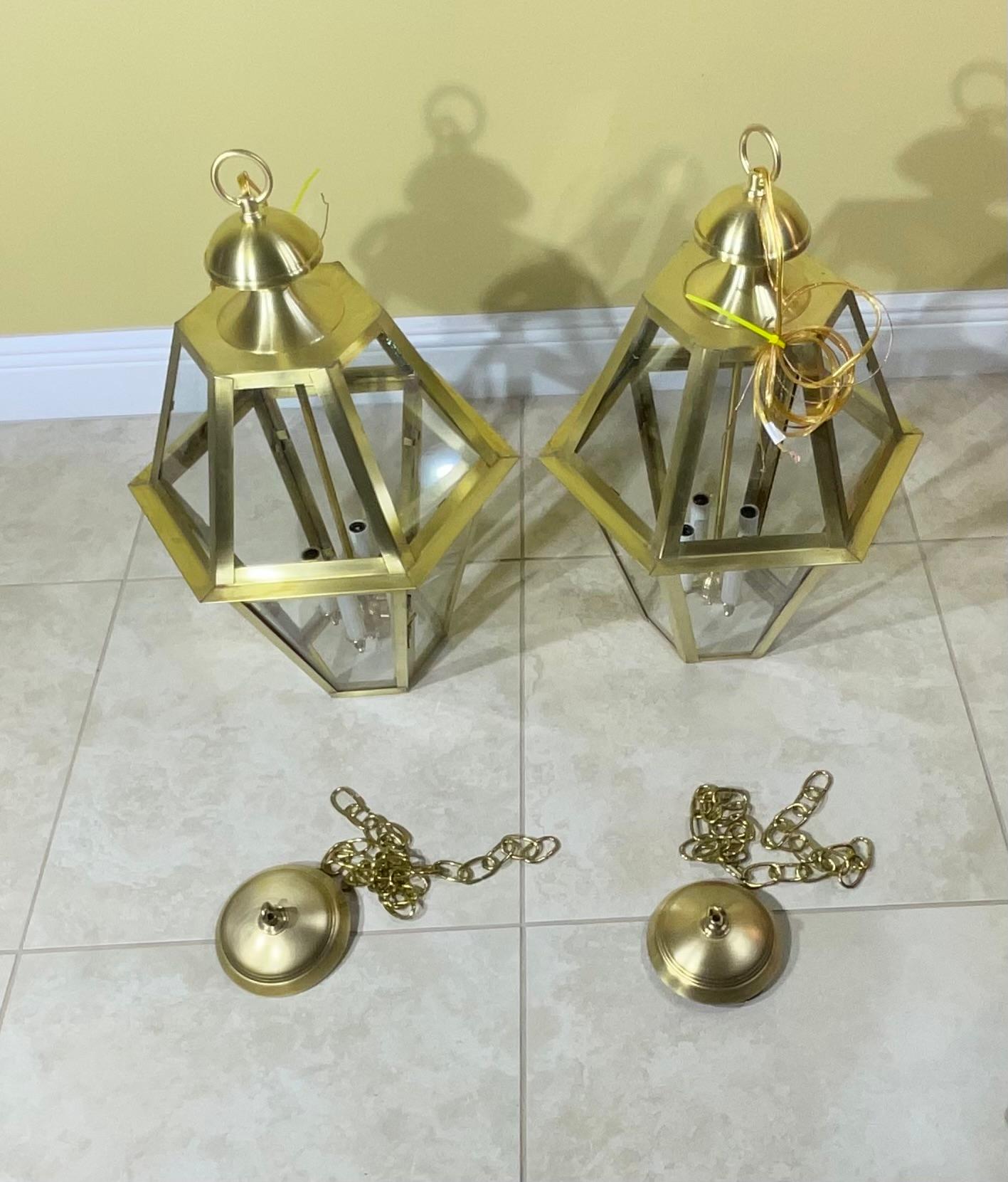 Pair Of Six Sides Solid  Brass Handcrafted Hanging Lanterns For Sale 5
