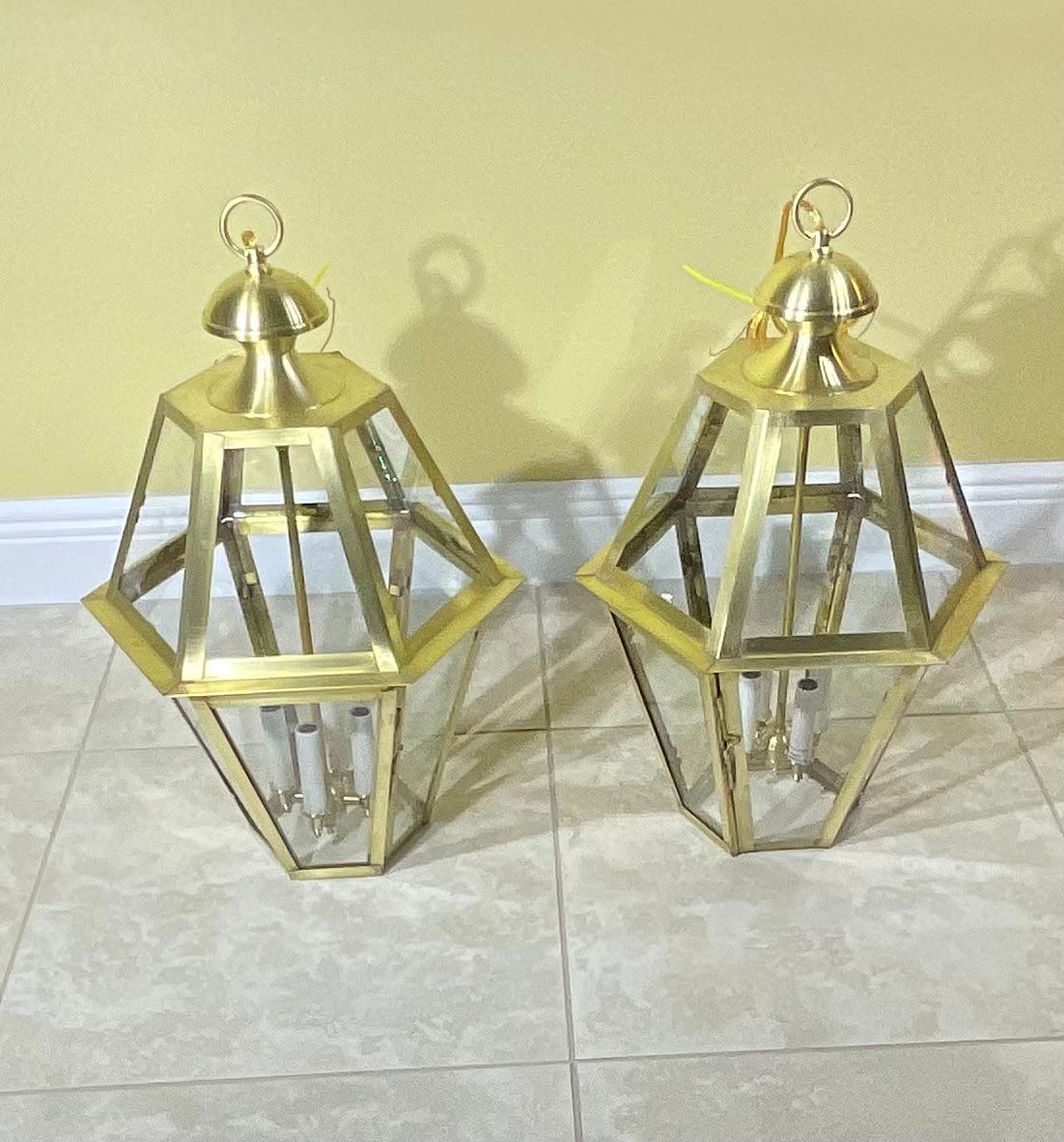 Pair Of Six Sides Solid  Brass Handcrafted Hanging Lanterns For Sale 6