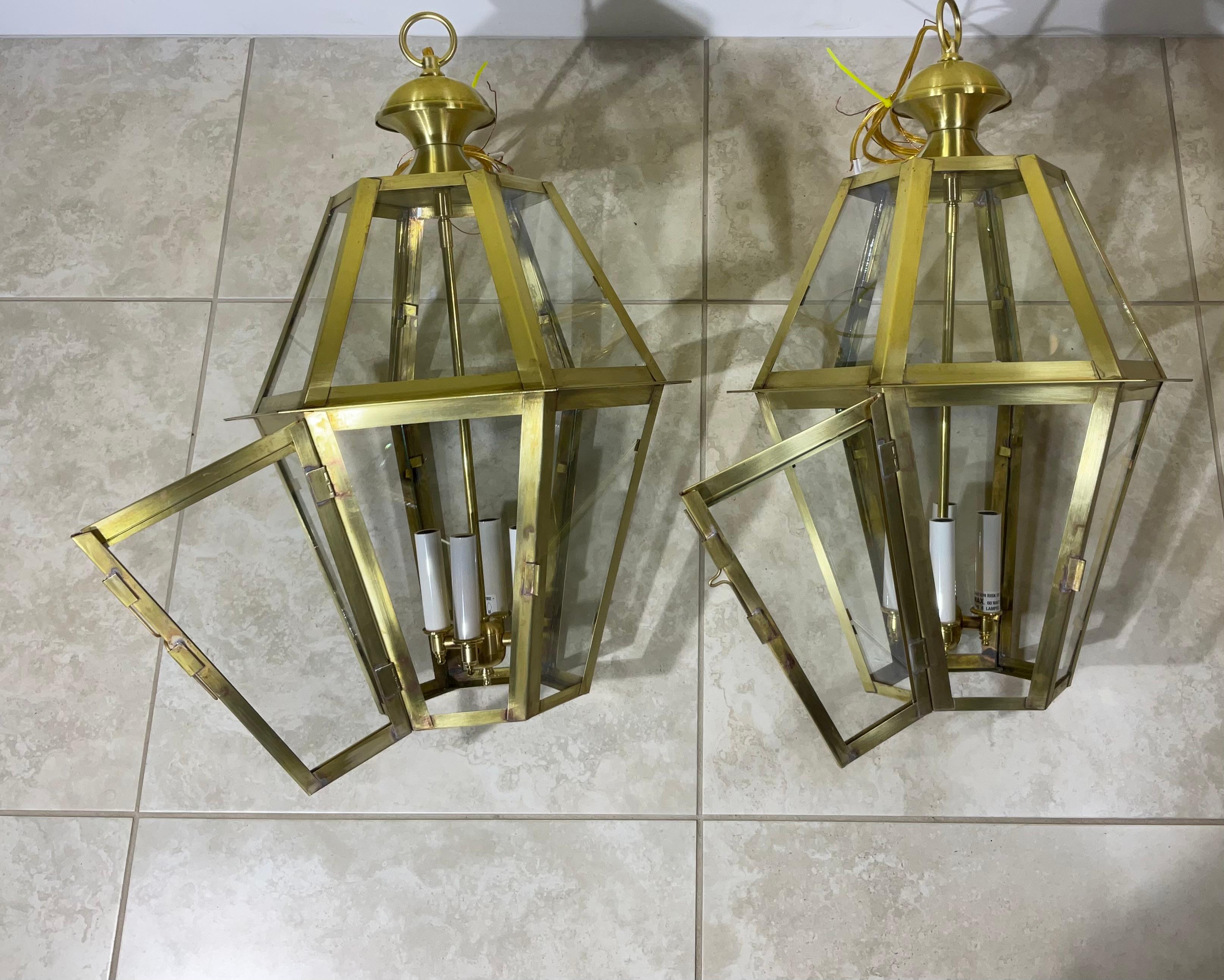 Pair Of Six Sides Solid  Brass Handcrafted Hanging Lanterns For Sale 7